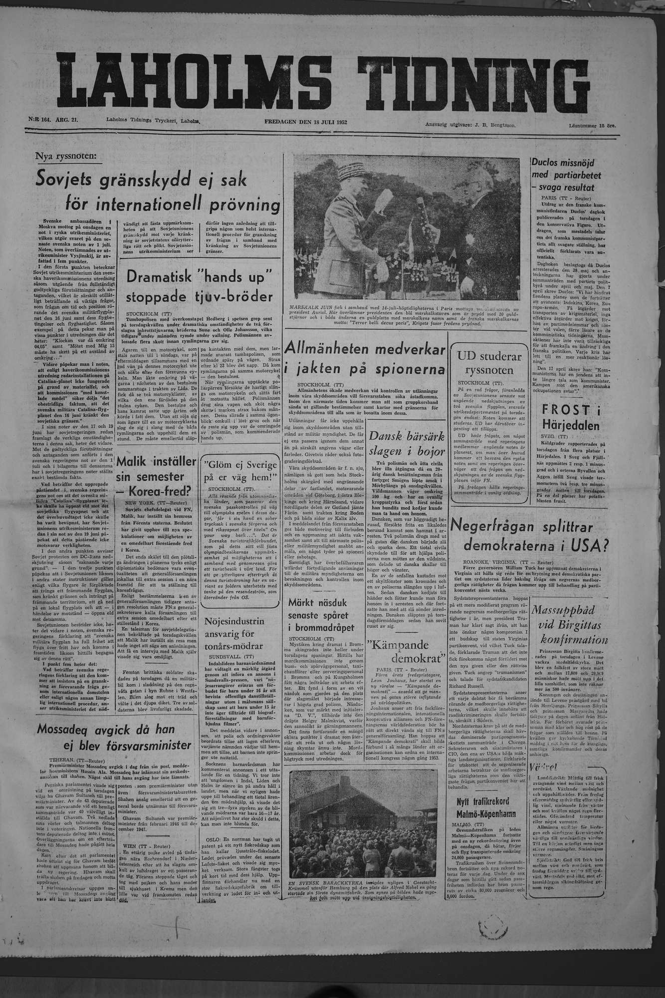 Laholms Tidning Fredag 18 juli 1952, sida 1