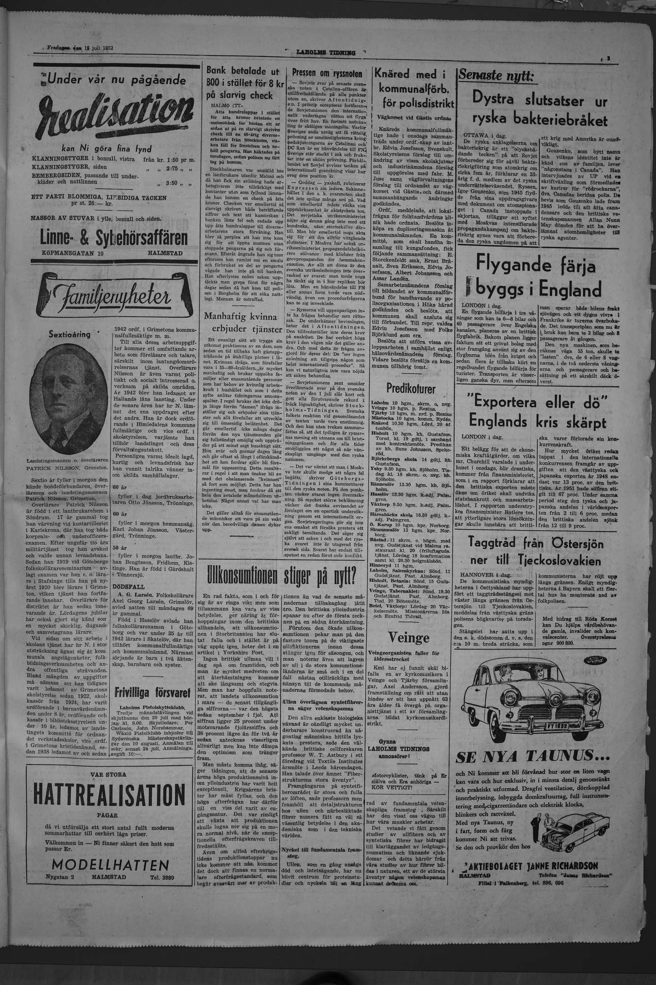 Laholms Tidning Fredag 18 juli 1952, sida 3