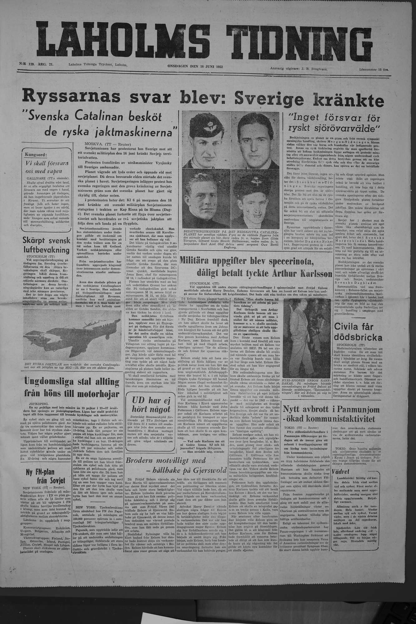 Laholms Tidning Onsdag 18 juni 1952, sida 1