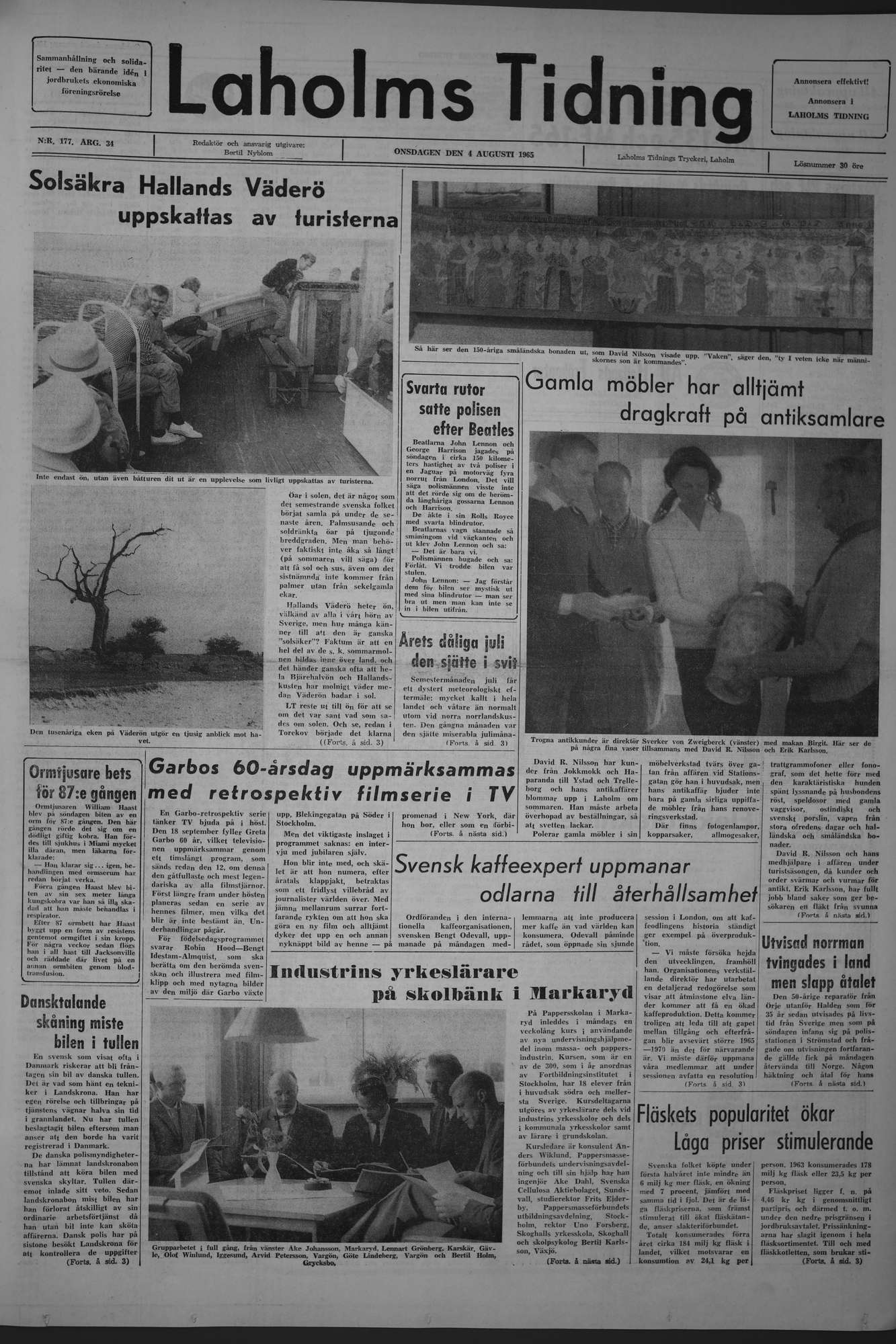 Laholms Tidning Onsdag 4 augusti 1965, sida 1