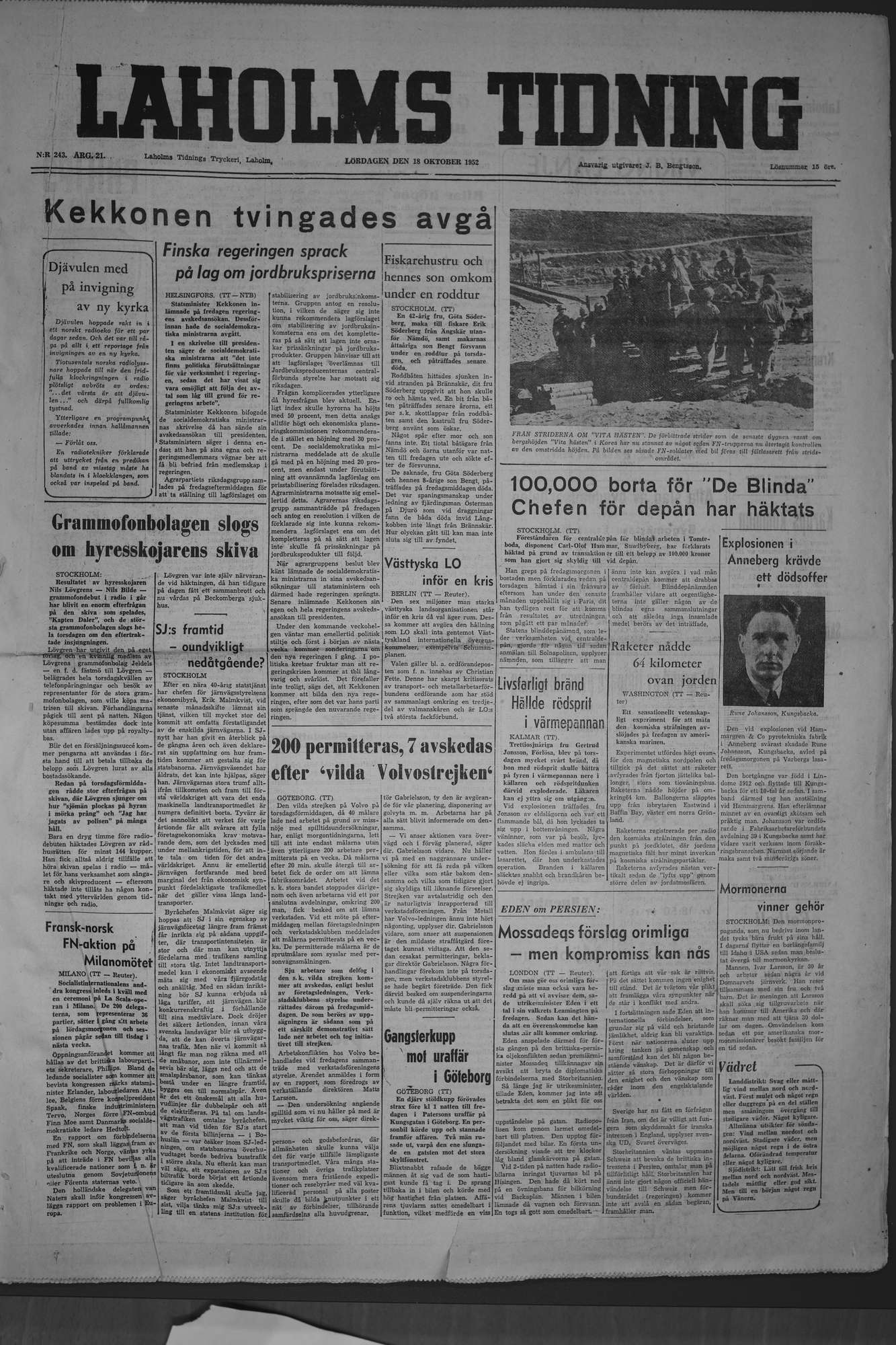 Laholms Tidning Lördag 18 oktober 1952, sida 1