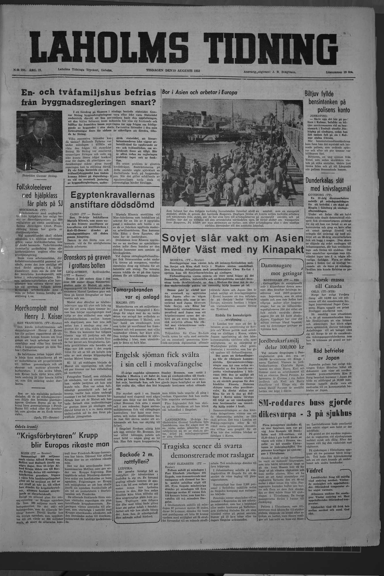 Laholms Tidning Tisdag 19 augusti 1952, sida 1