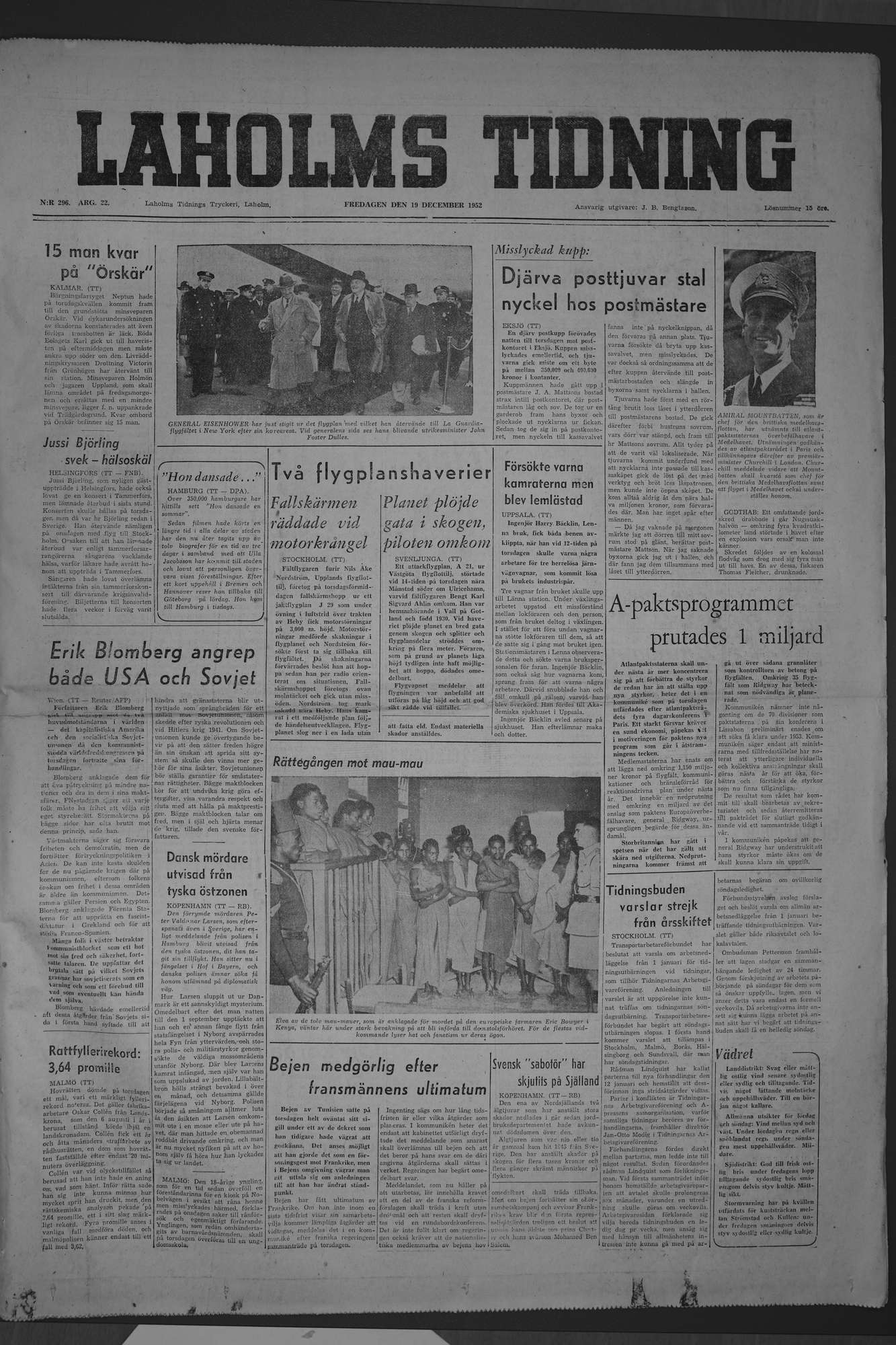 Laholms Tidning Fredag 19 december 1952, sida 1