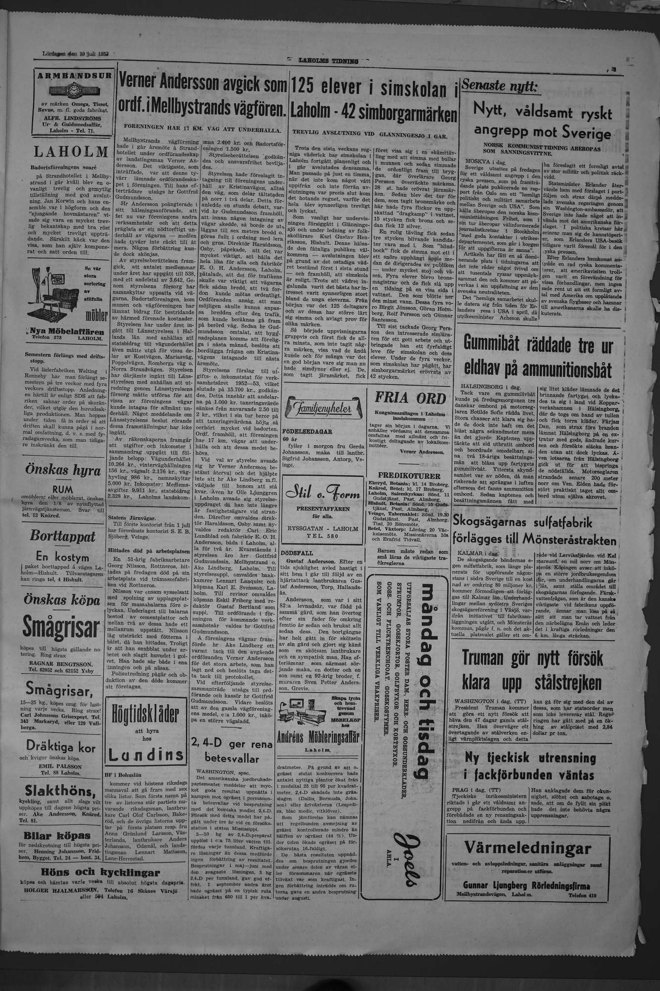 Laholms Tidning Lördag 19 juli 1952, sida 3
