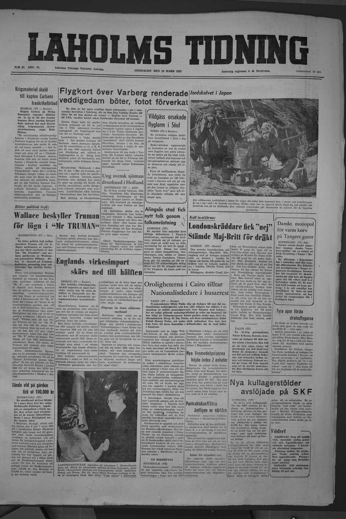 Laholms Tidning Onsdag 19 mars 1952, sida 1