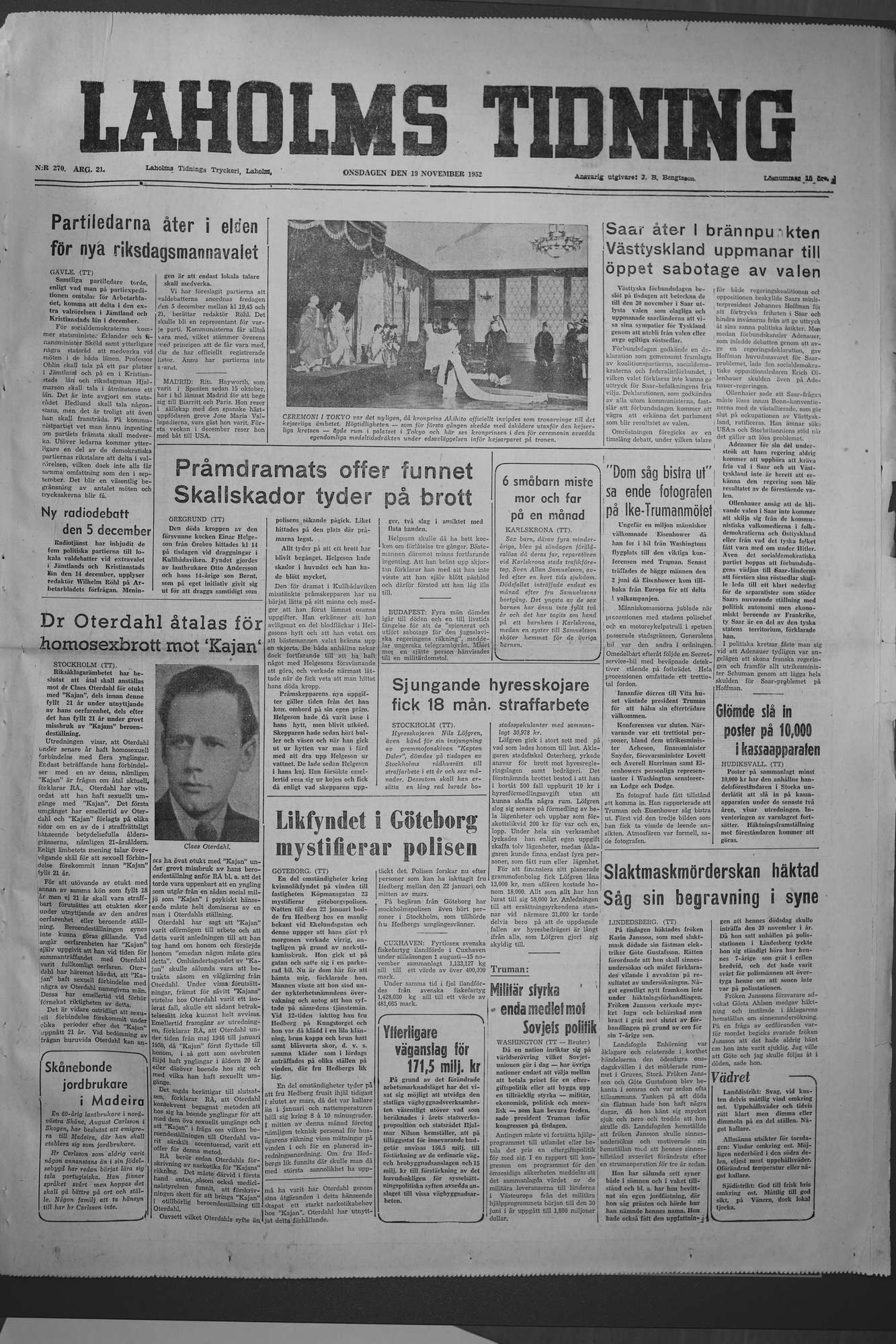Laholms Tidning Onsdag 19 november 1952, sida 1