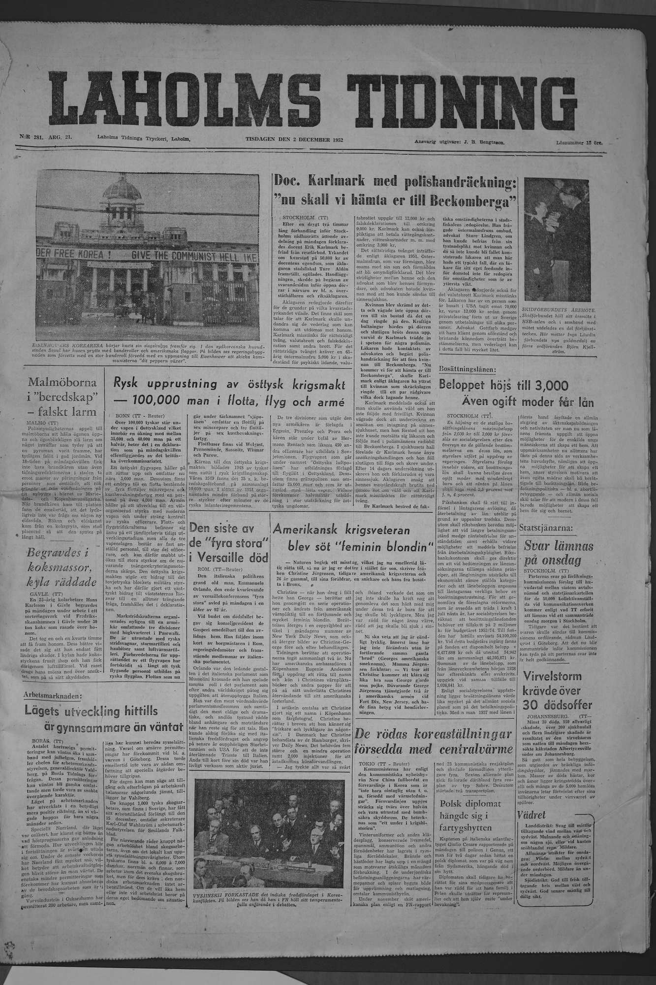 Laholms Tidning Tisdag 2 december 1952, sida 1