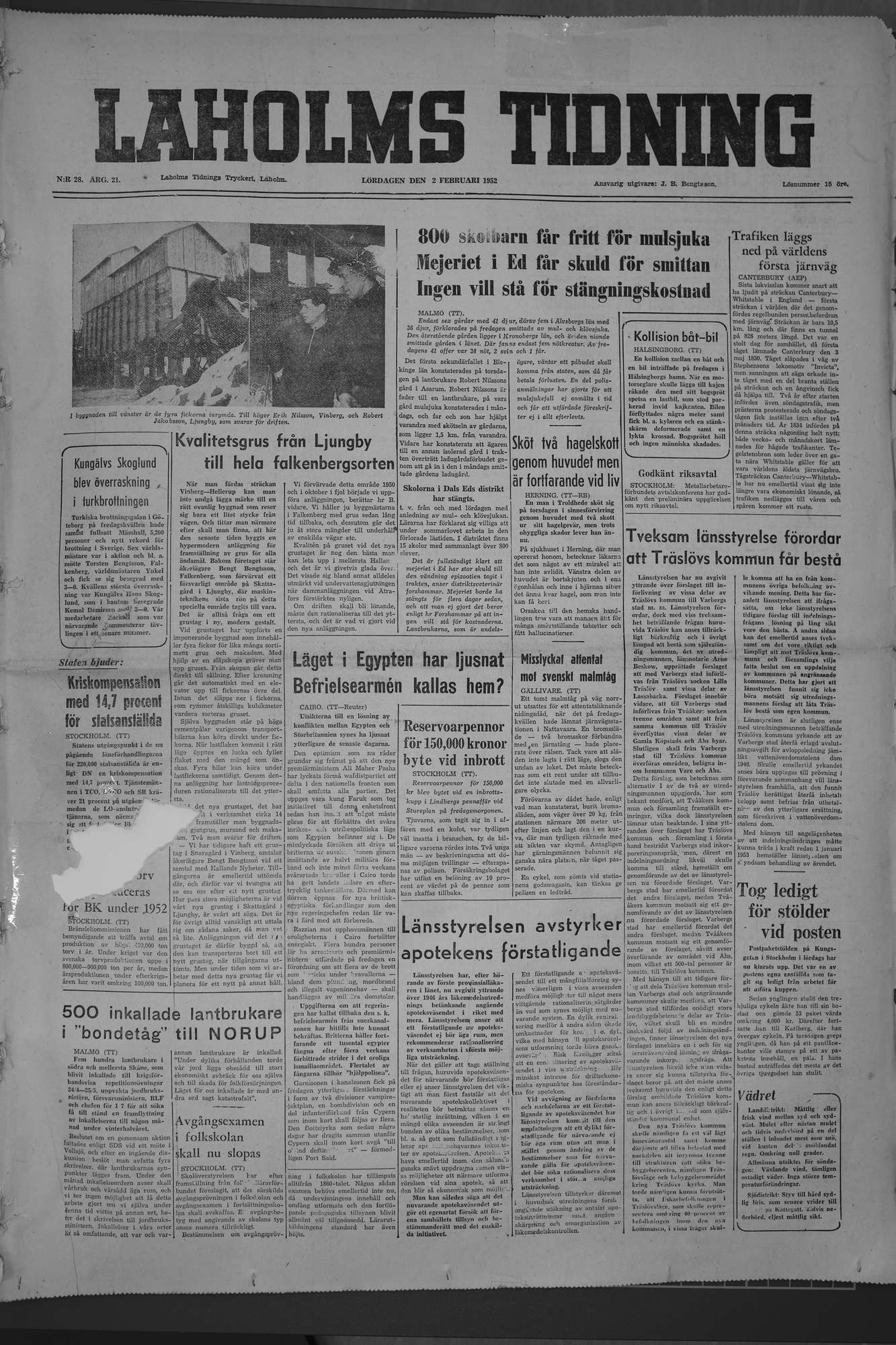 Laholms Tidning Lördag 2 februari 1952, sida 1