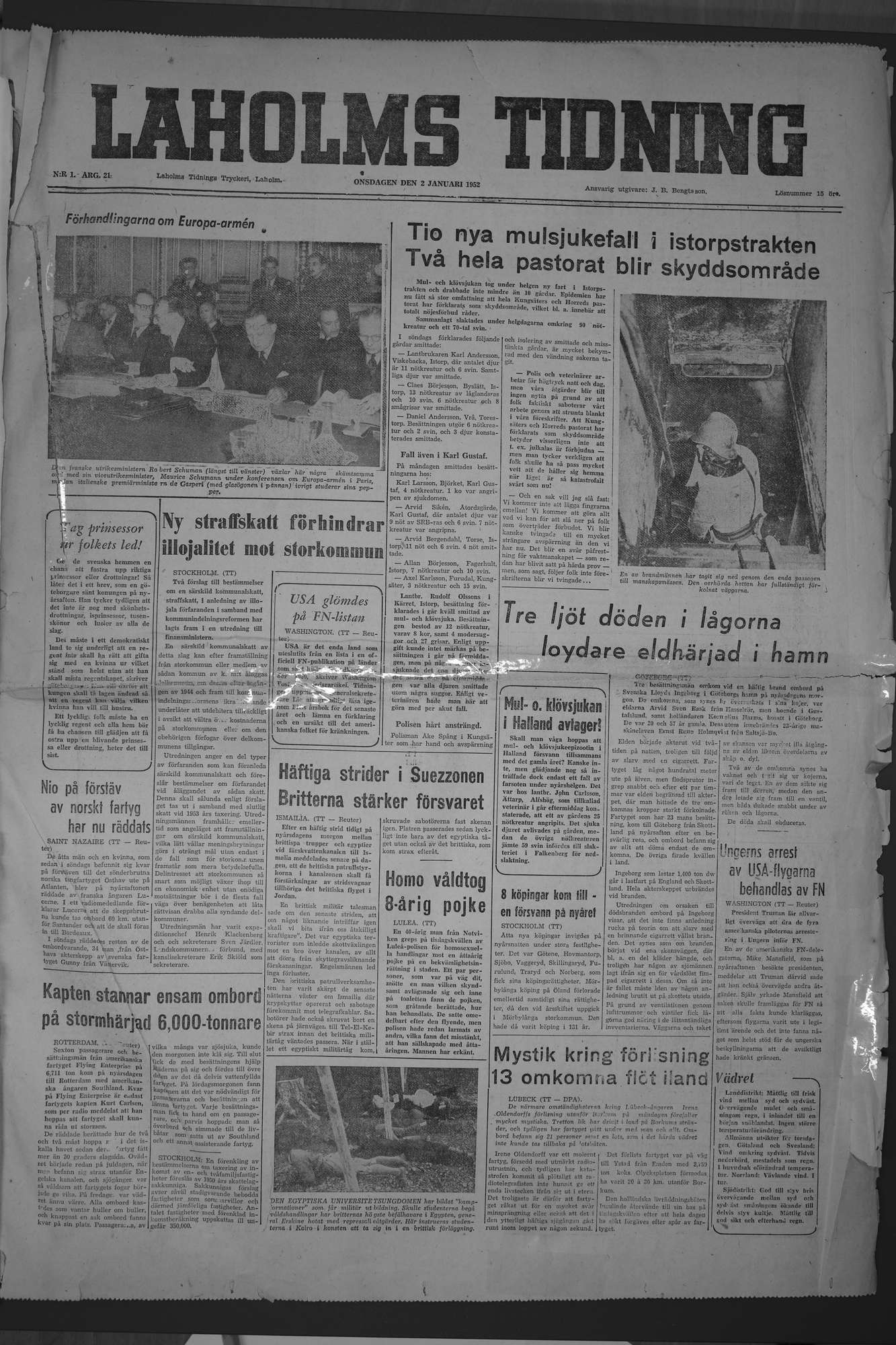 Laholms Tidning Onsdag 2 januari 1952, sida 1