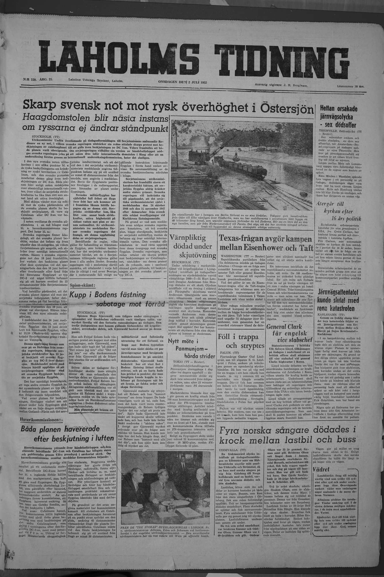 Laholms Tidning Onsdag 2 juli 1952, sida 1