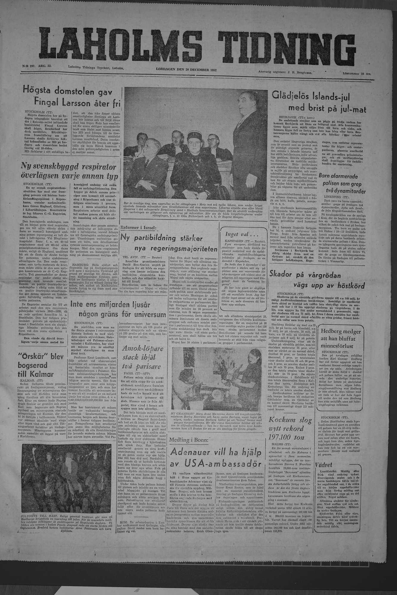 Laholms Tidning Lördag 20 december 1952, sida 1
