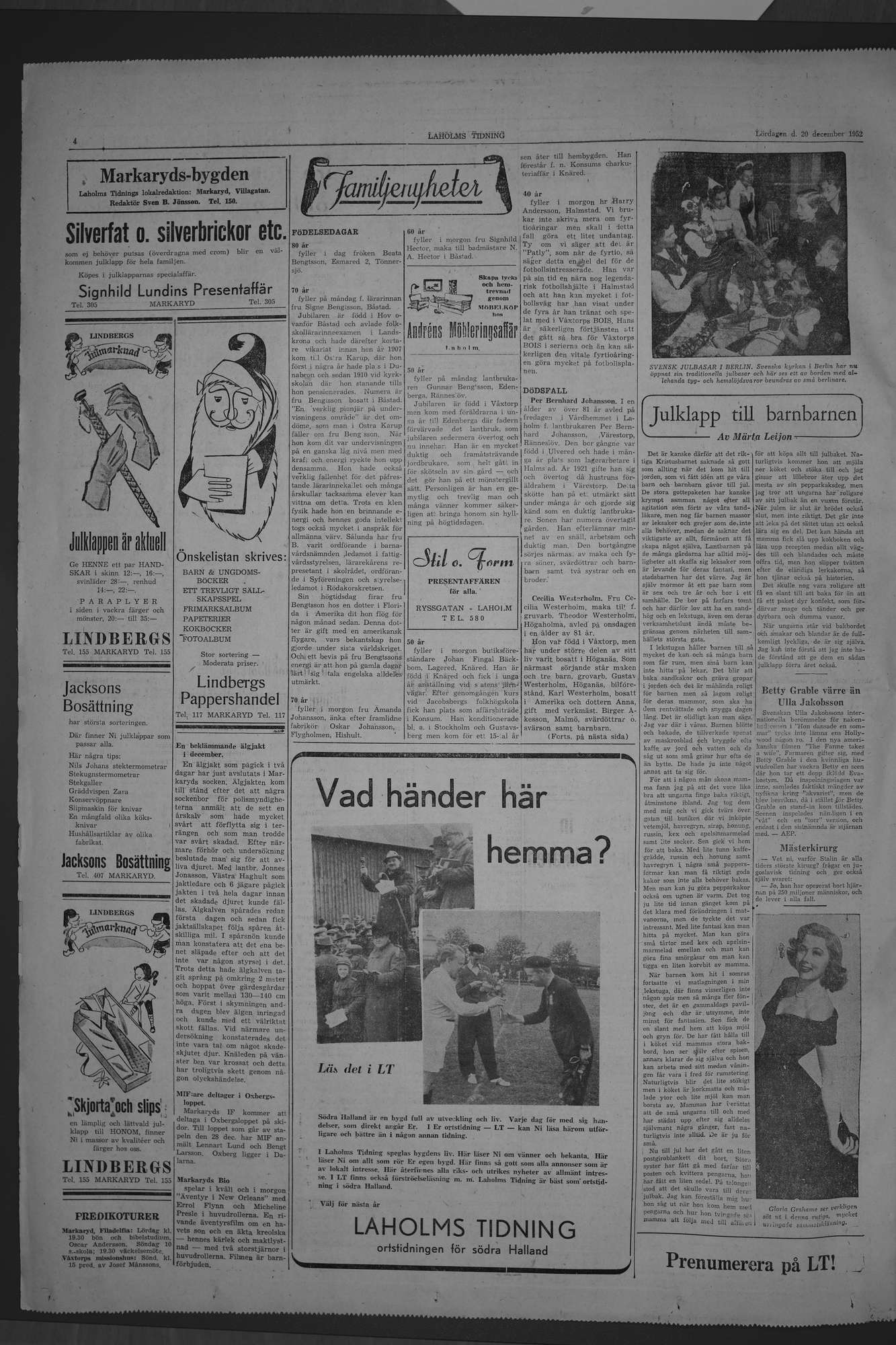 Laholms Tidning Lördag 20 december 1952, sida 4