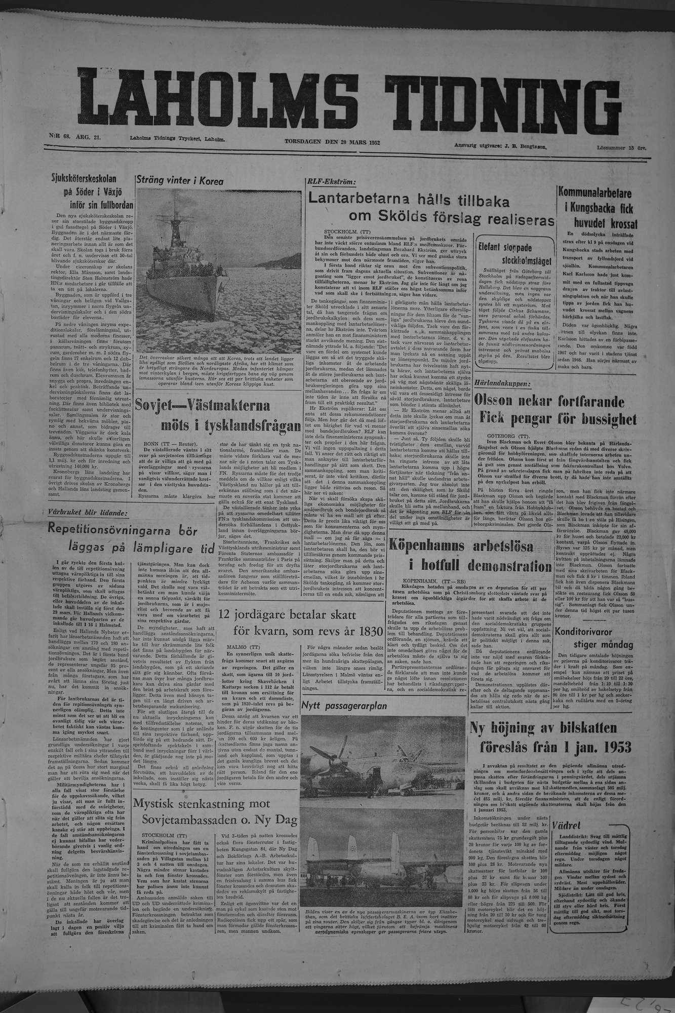 Laholms Tidning Torsdag 20 mars 1952, sida 1