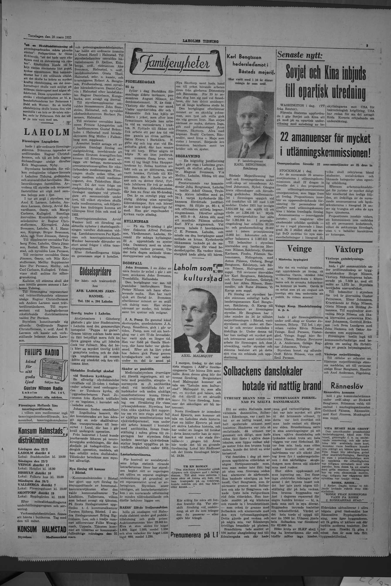 Laholms Tidning Torsdag 20 mars 1952, sida 3