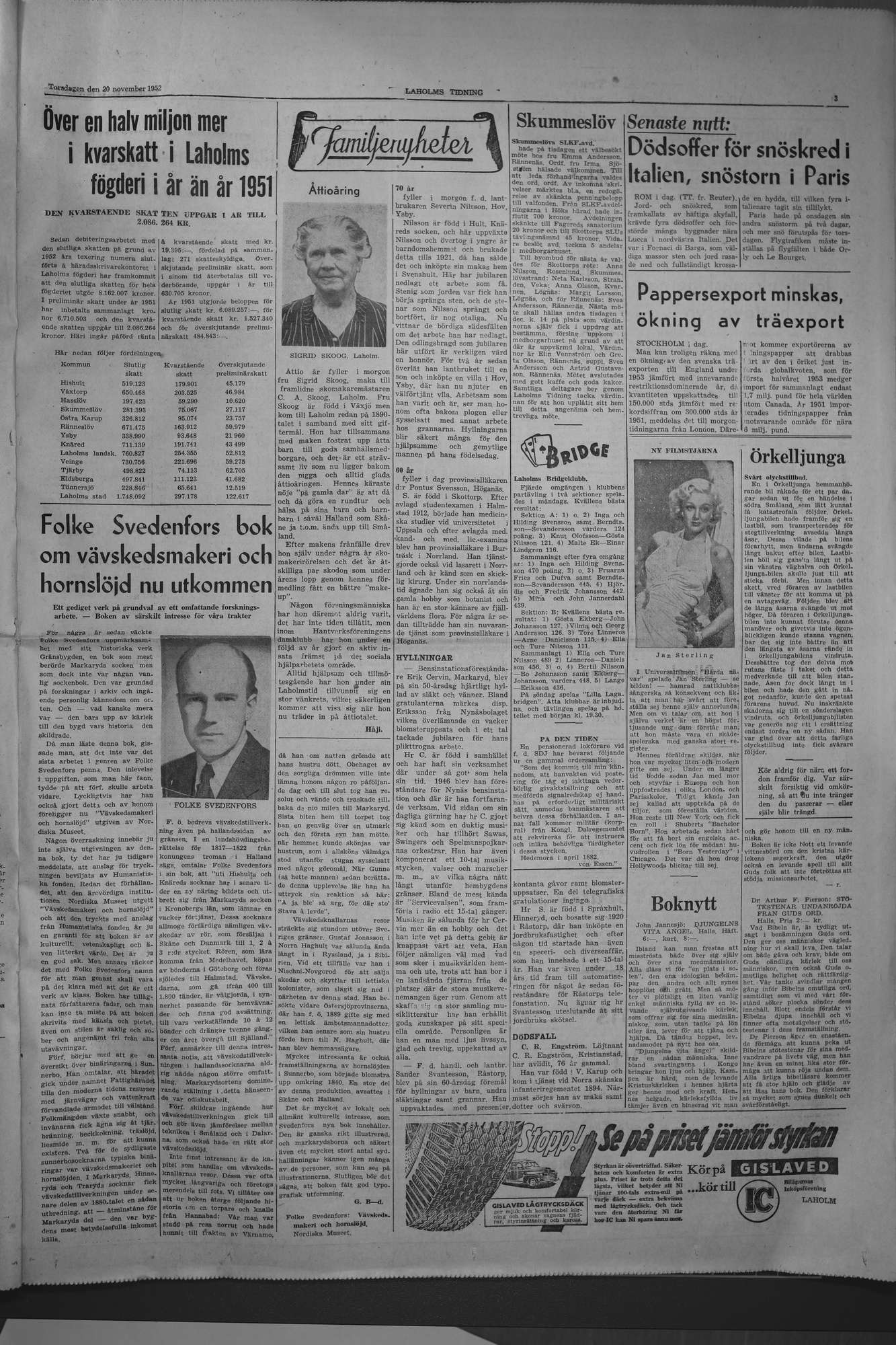 Laholms Tidning Torsdag 20 november 1952, sida 3