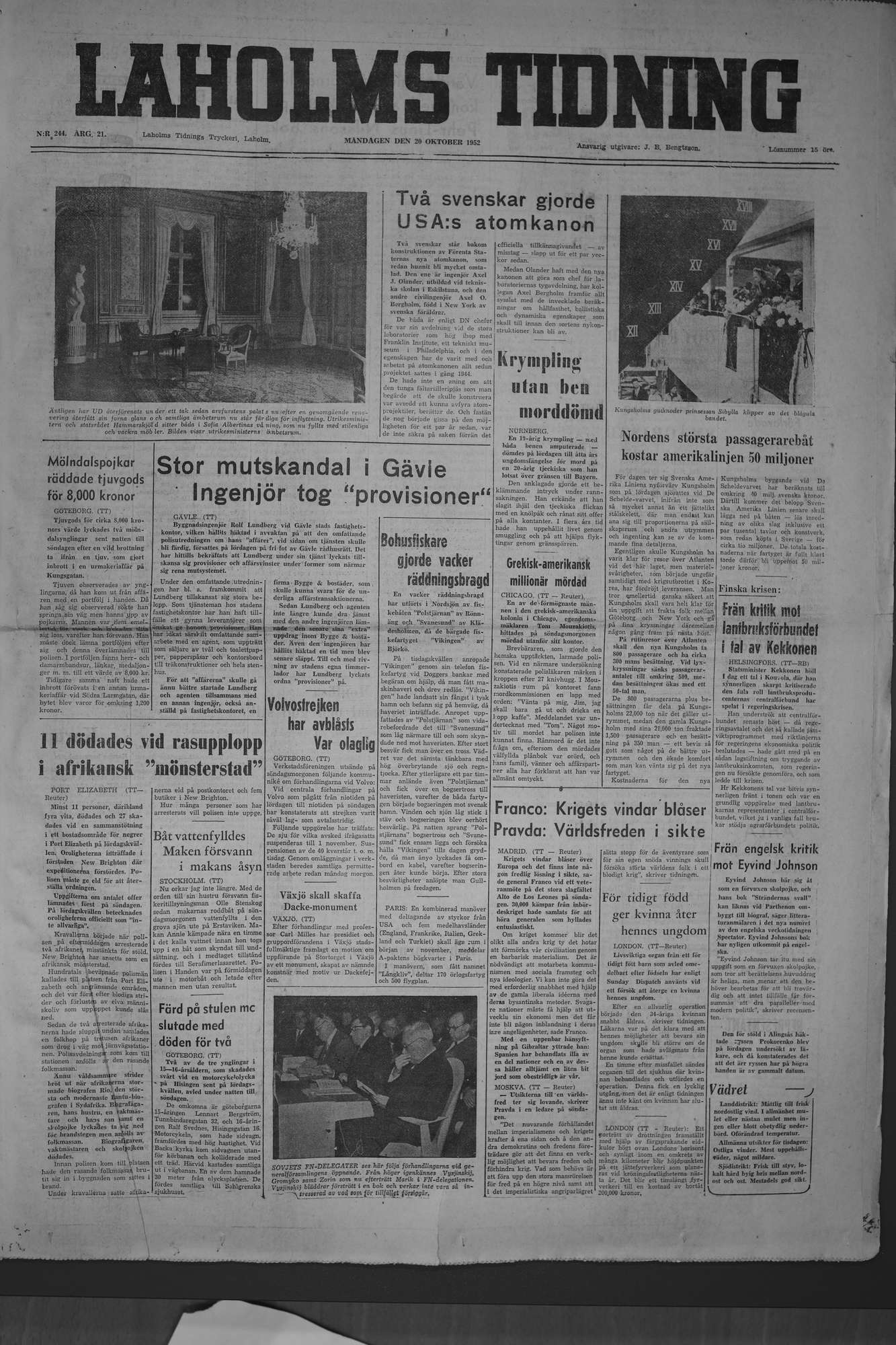 Laholms Tidning Måndag 20 oktober 1952, sida 1