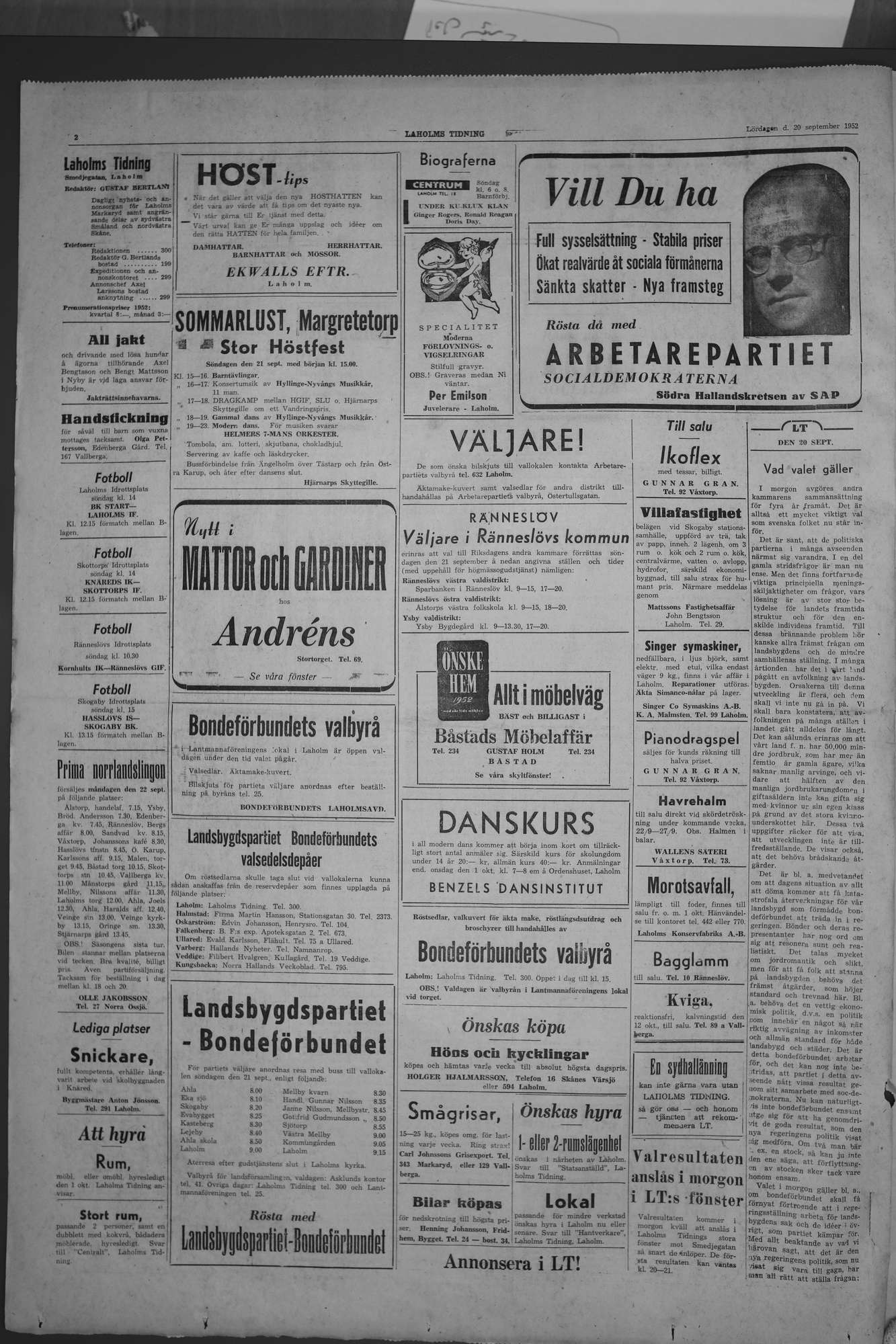 Laholms Tidning Lördag 20 september 1952, sida 2