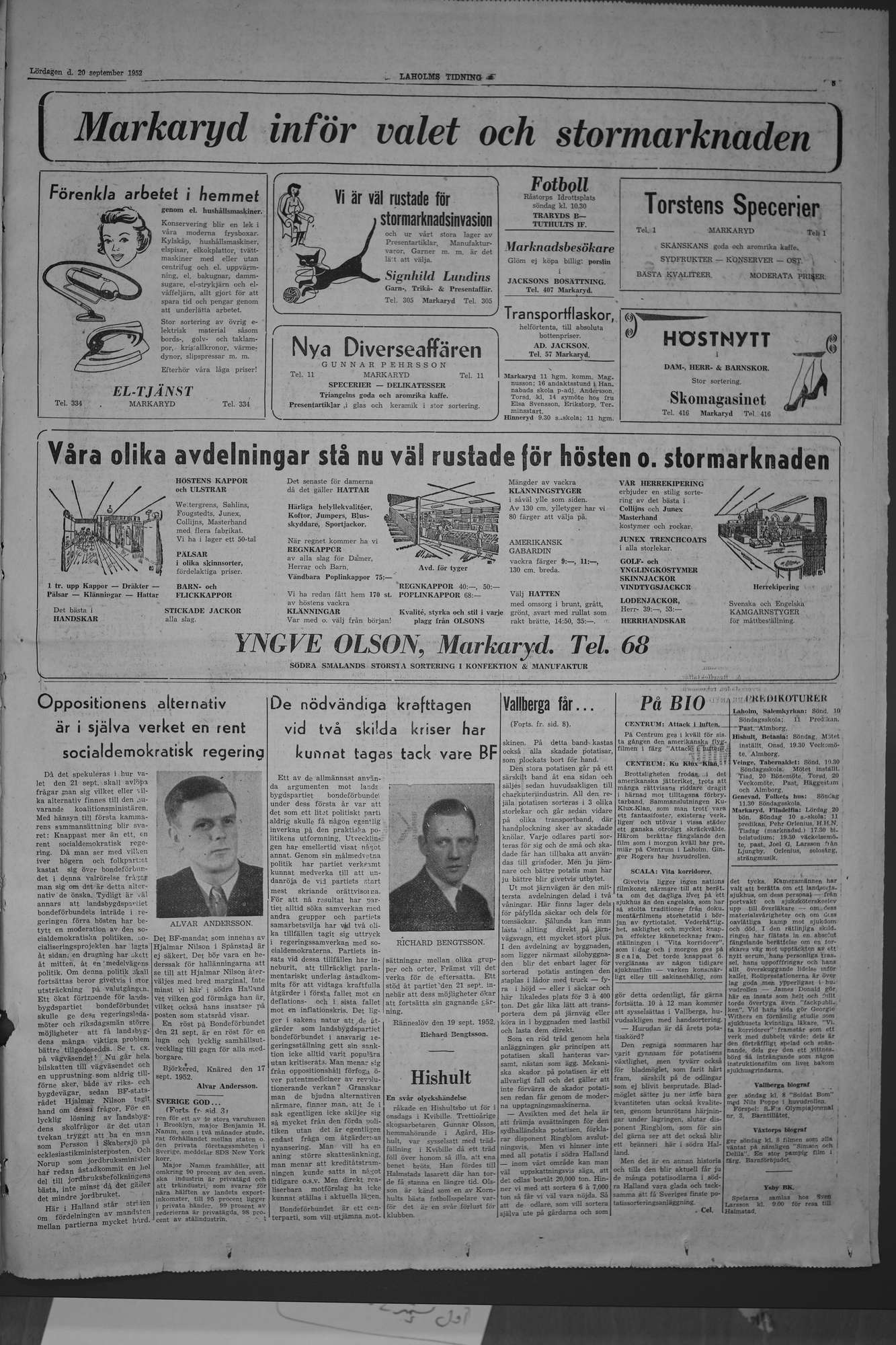 Laholms Tidning Lördag 20 september 1952, sida 5