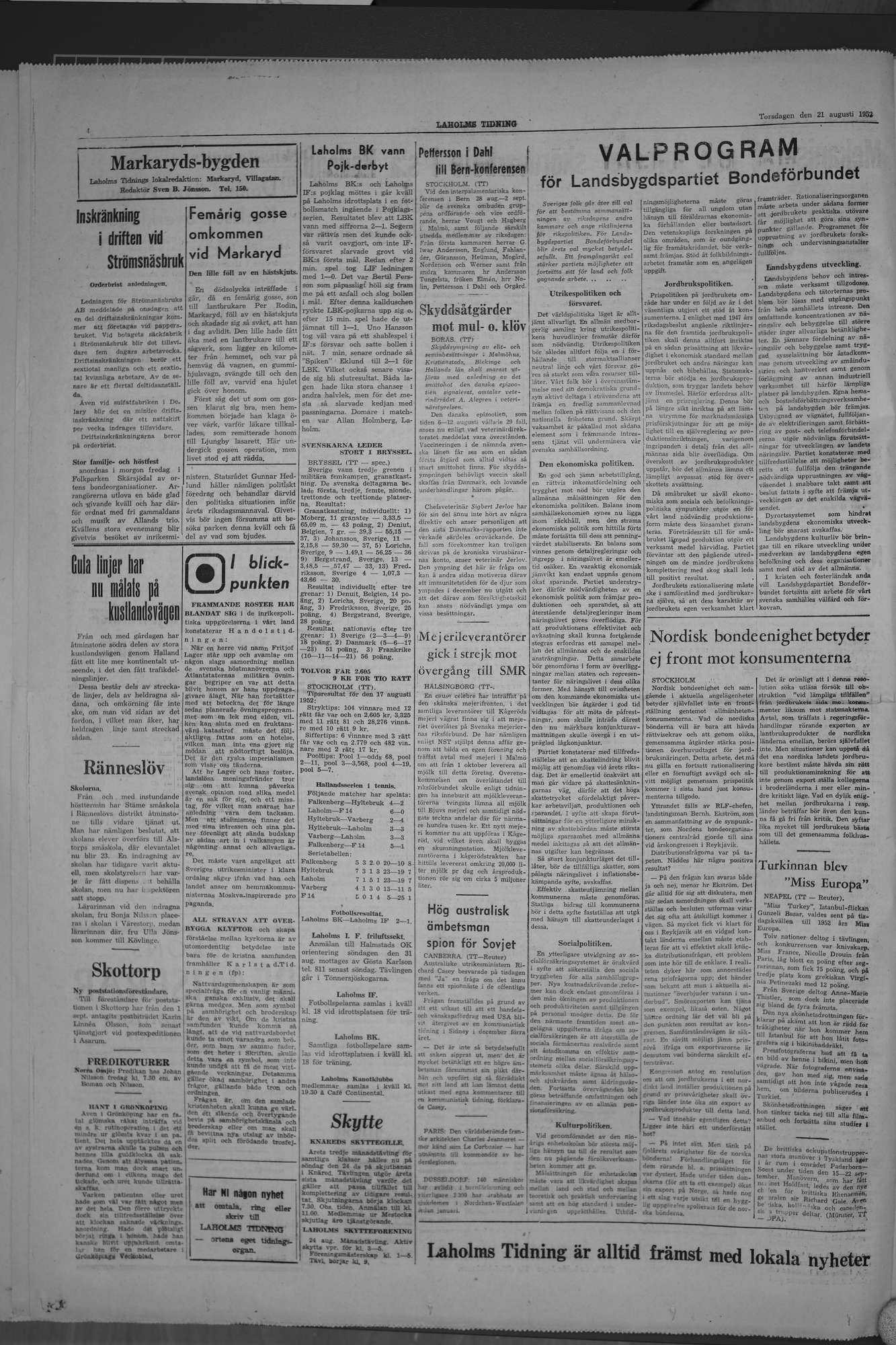 Laholms Tidning Torsdag 21 augusti 1952, sida 4