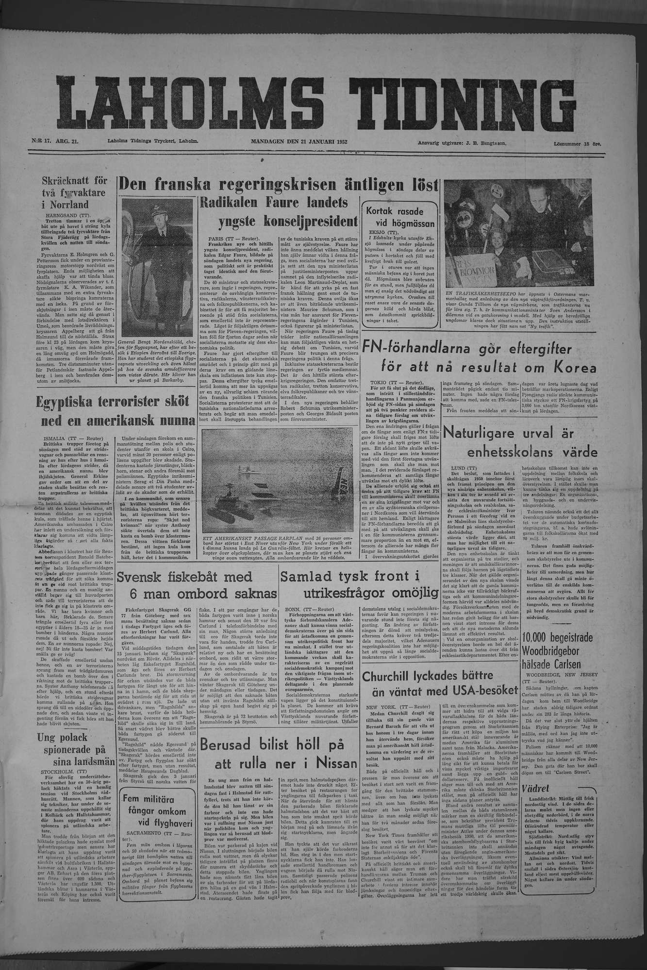 Laholms Tidning Måndag 21 januari 1952, sida 1