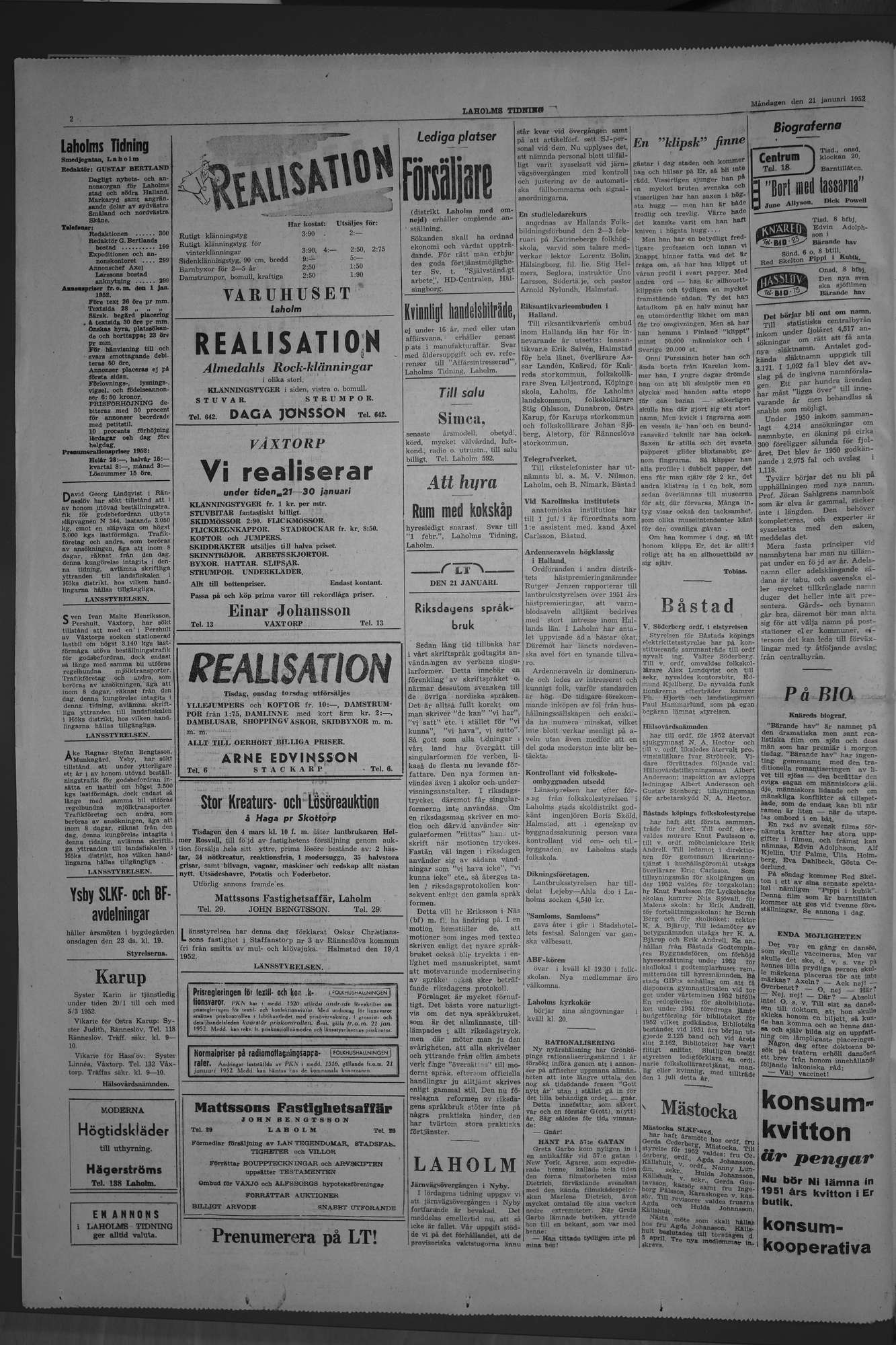 Laholms Tidning Måndag 21 januari 1952, sida 2