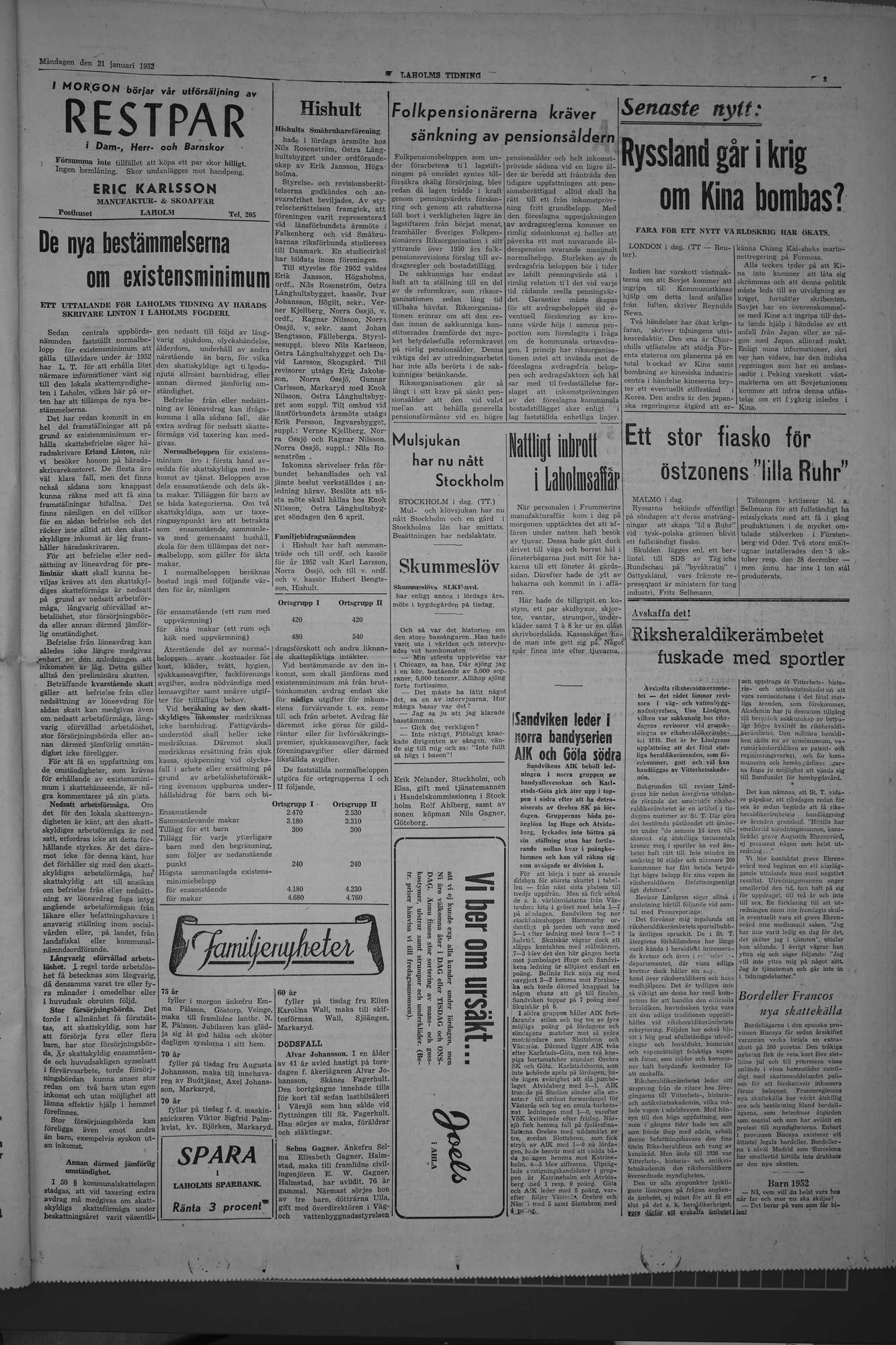 Laholms Tidning Måndag 21 januari 1952, sida 3