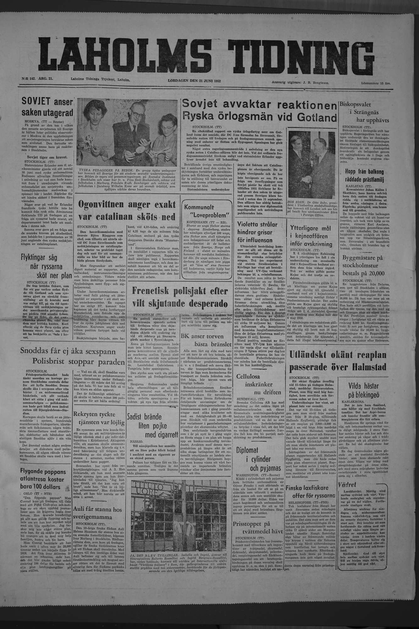 Laholms Tidning Lördag 21 juni 1952, sida 1