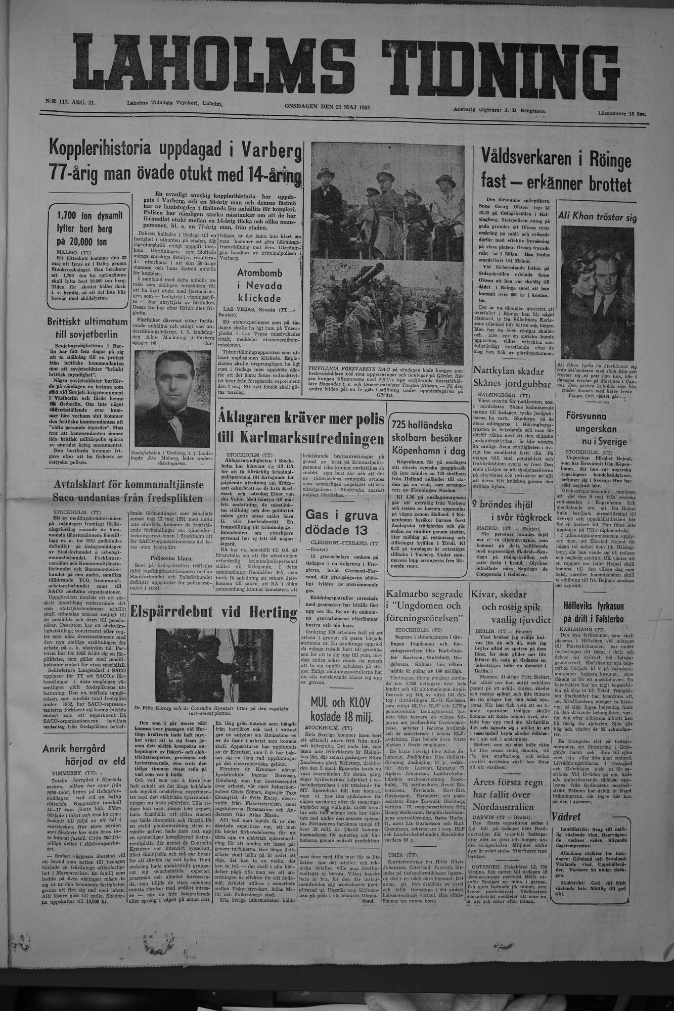 Laholms Tidning Onsdag 21 maj 1952, sida 1