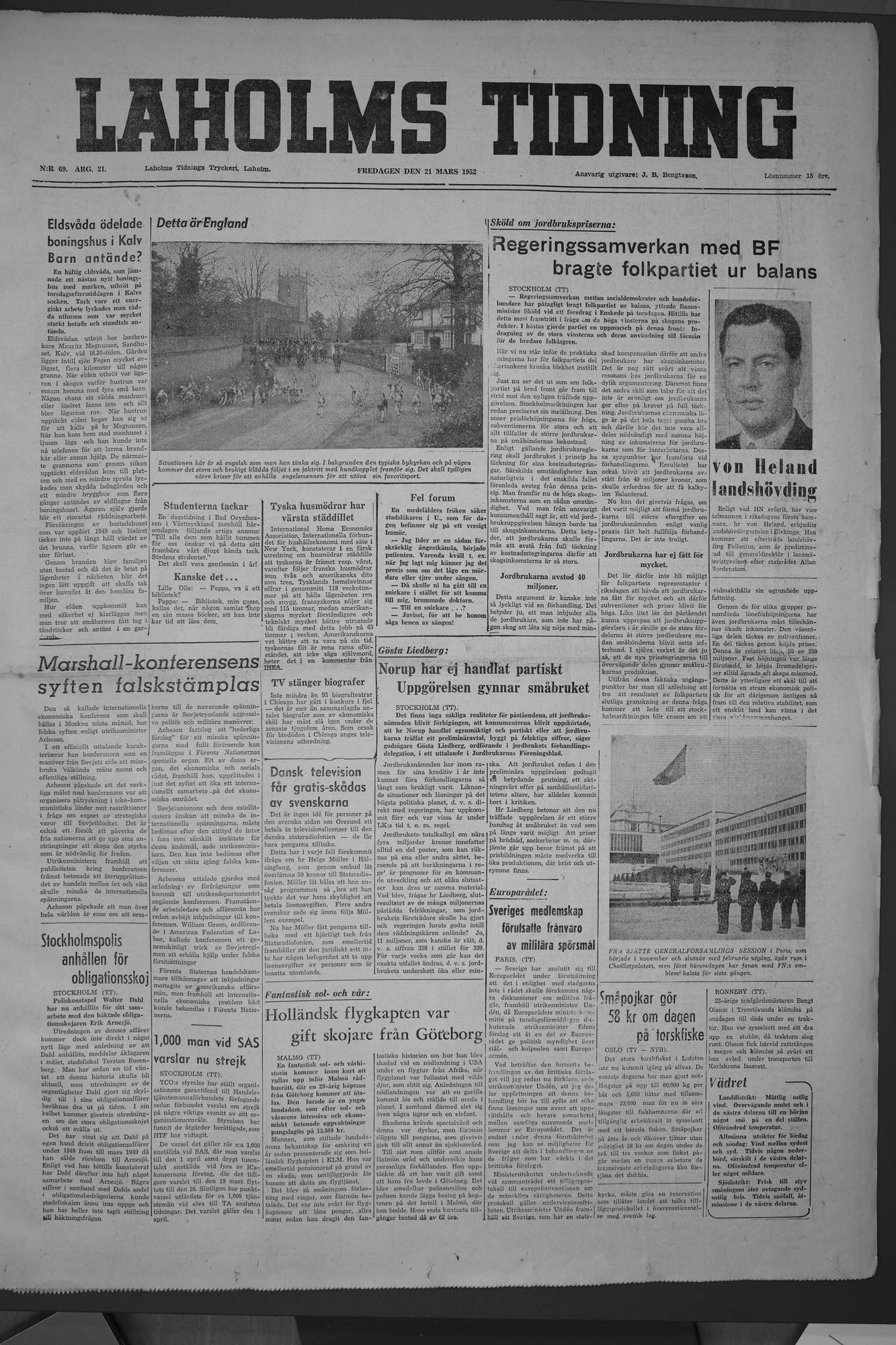 Laholms Tidning Fredag 21 mars 1952, sida 1