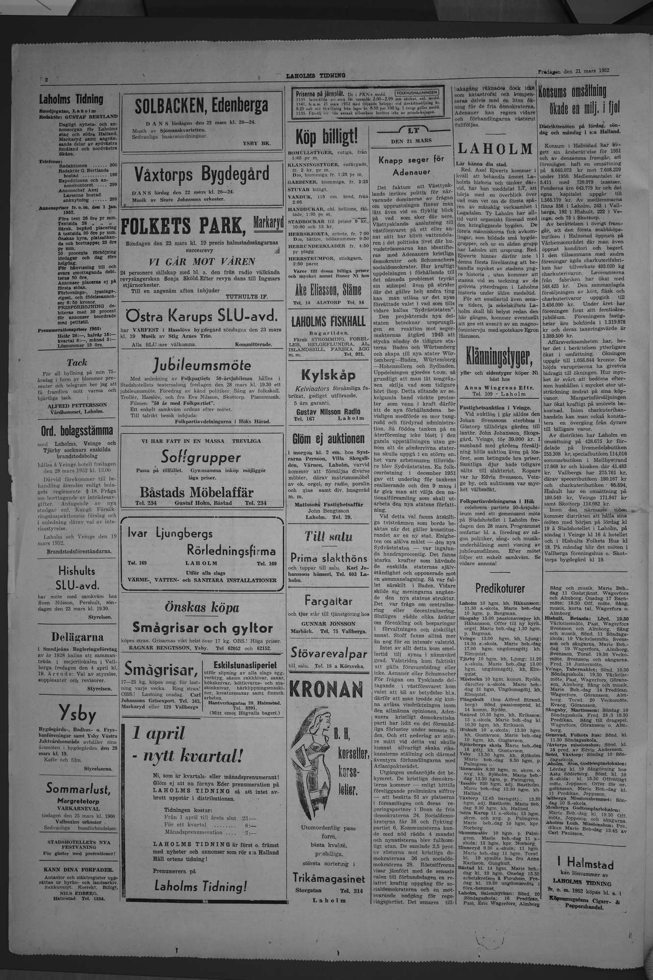 Laholms Tidning Fredag 21 mars 1952, sida 2