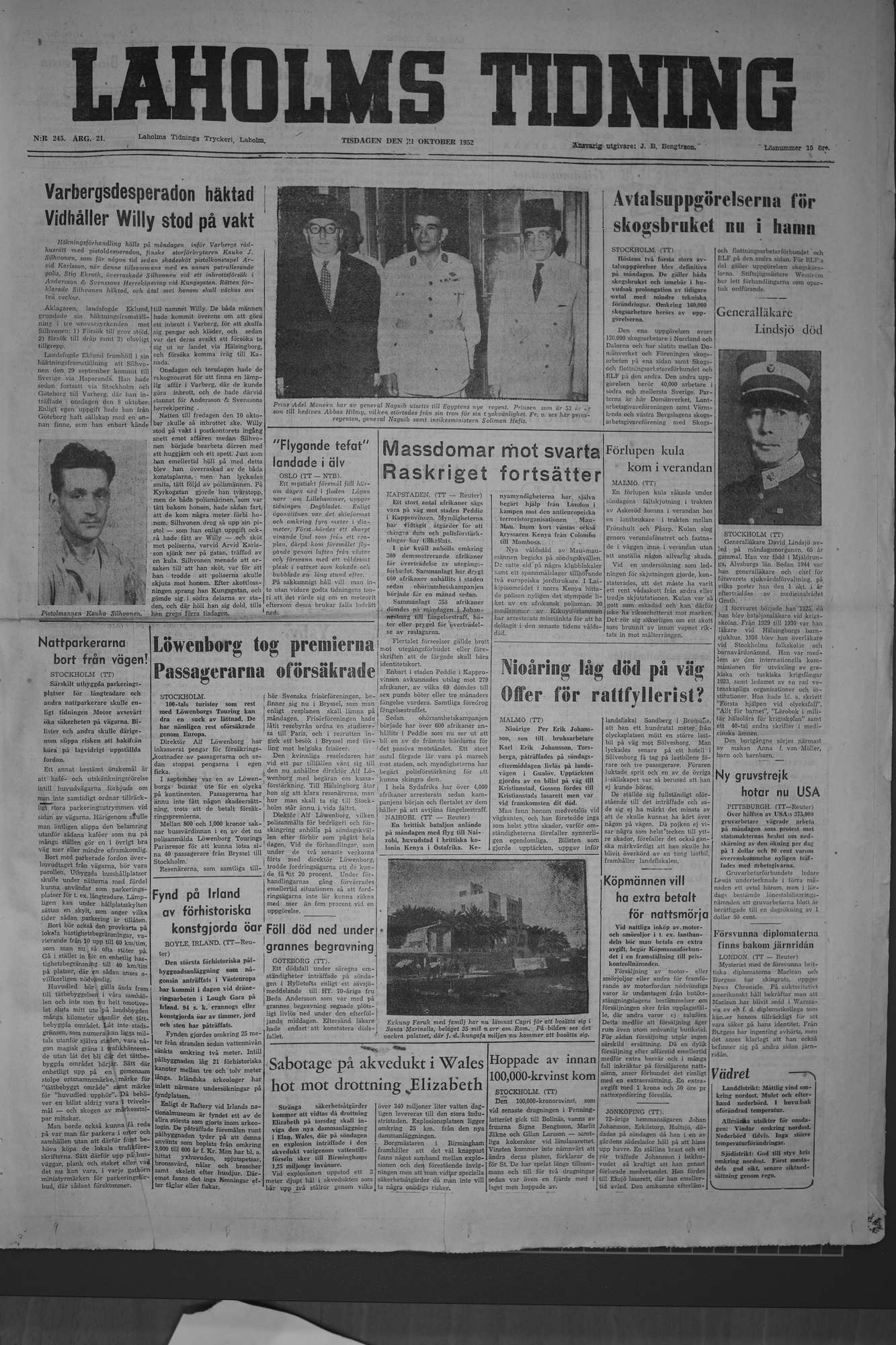 Laholms Tidning Tisdag 21 oktober 1952, sida 1
