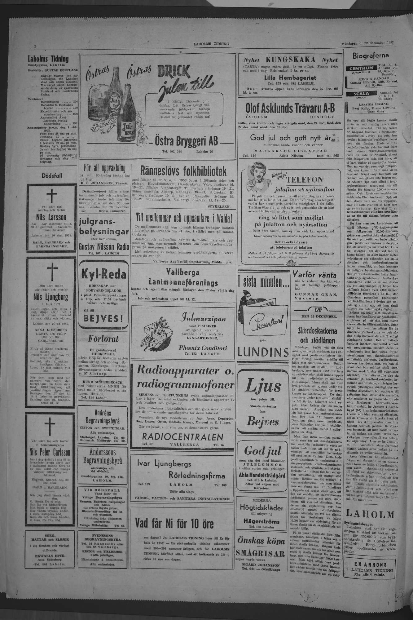 Laholms Tidning Måndag 22 december 1952, sida 2