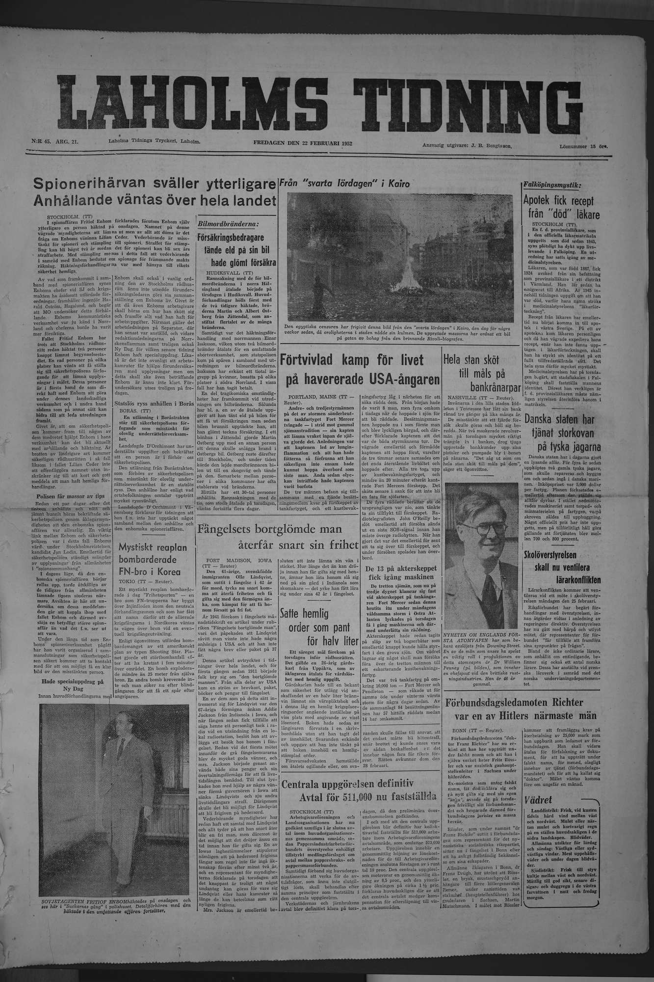 Laholms Tidning Fredag 22 februari 1952, sida 1