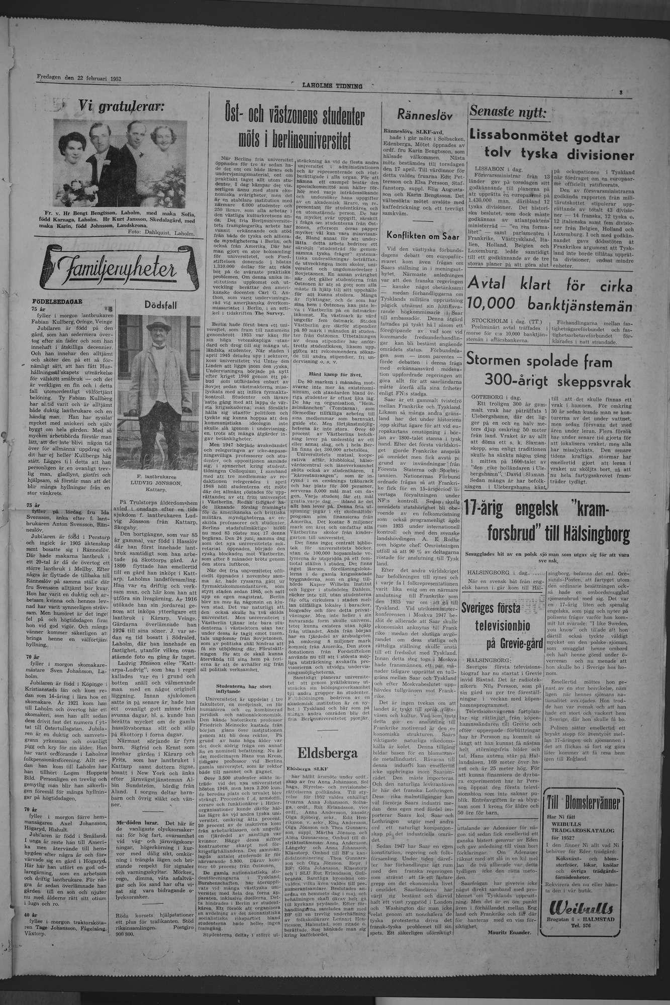 Laholms Tidning Fredag 22 februari 1952, sida 3