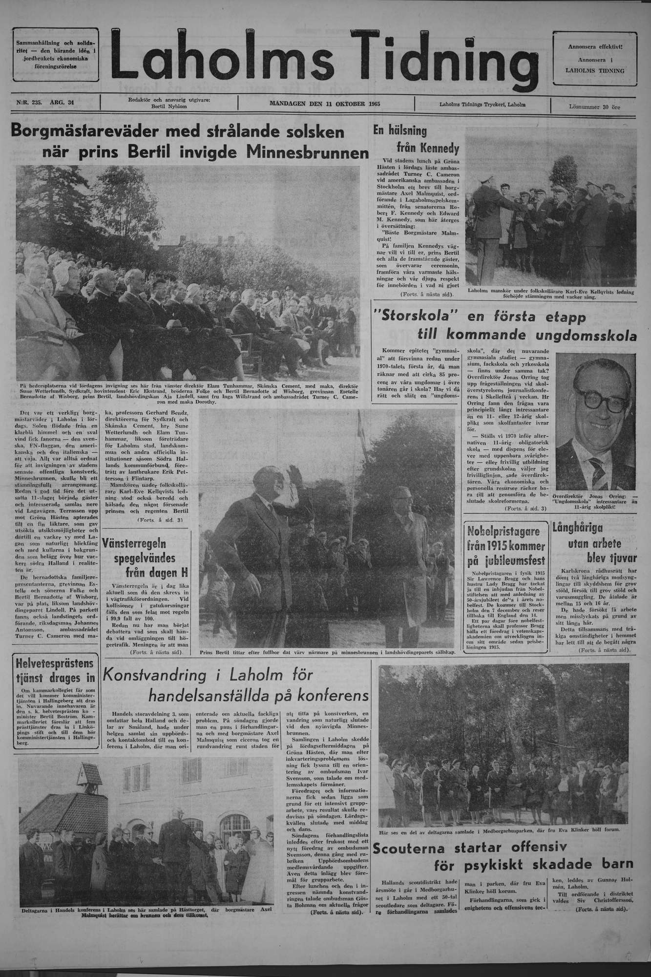 Laholms Tidning Måndag 11 oktober 1965, sida 1