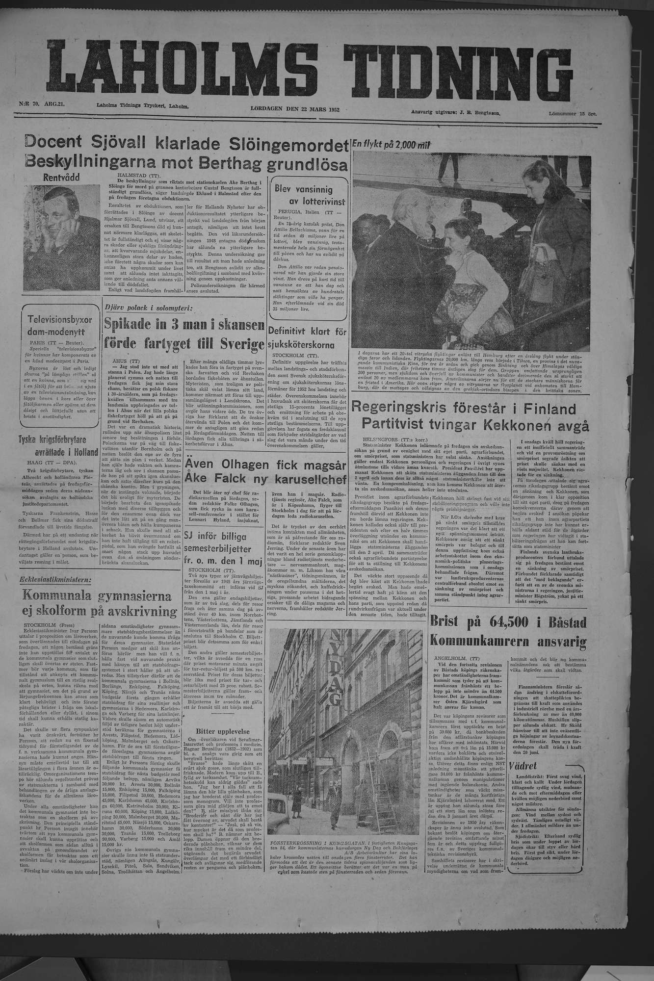 Laholms Tidning Lördag 22 mars 1952, sida 1