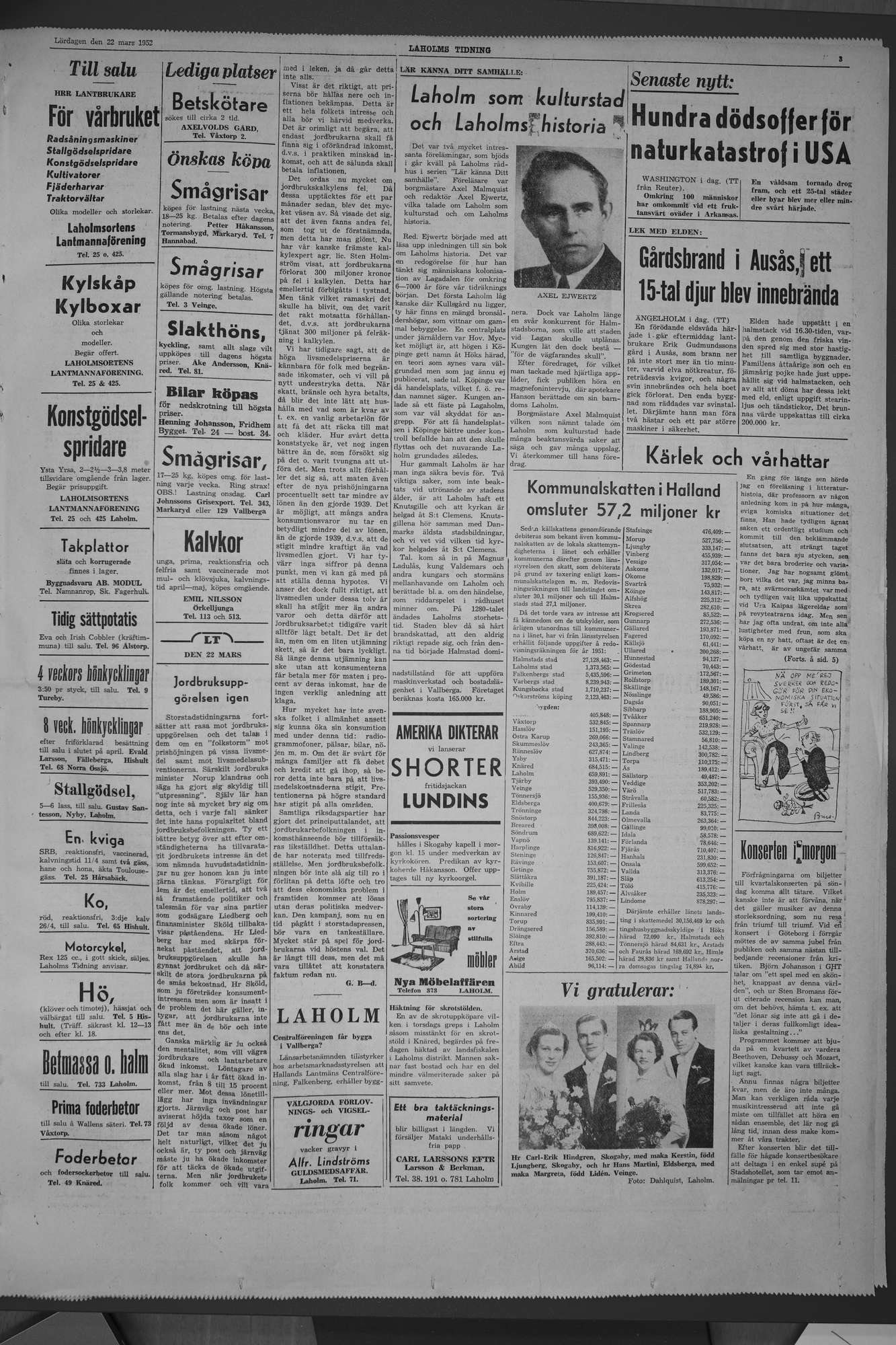 Laholms Tidning Lördag 22 mars 1952, sida 3