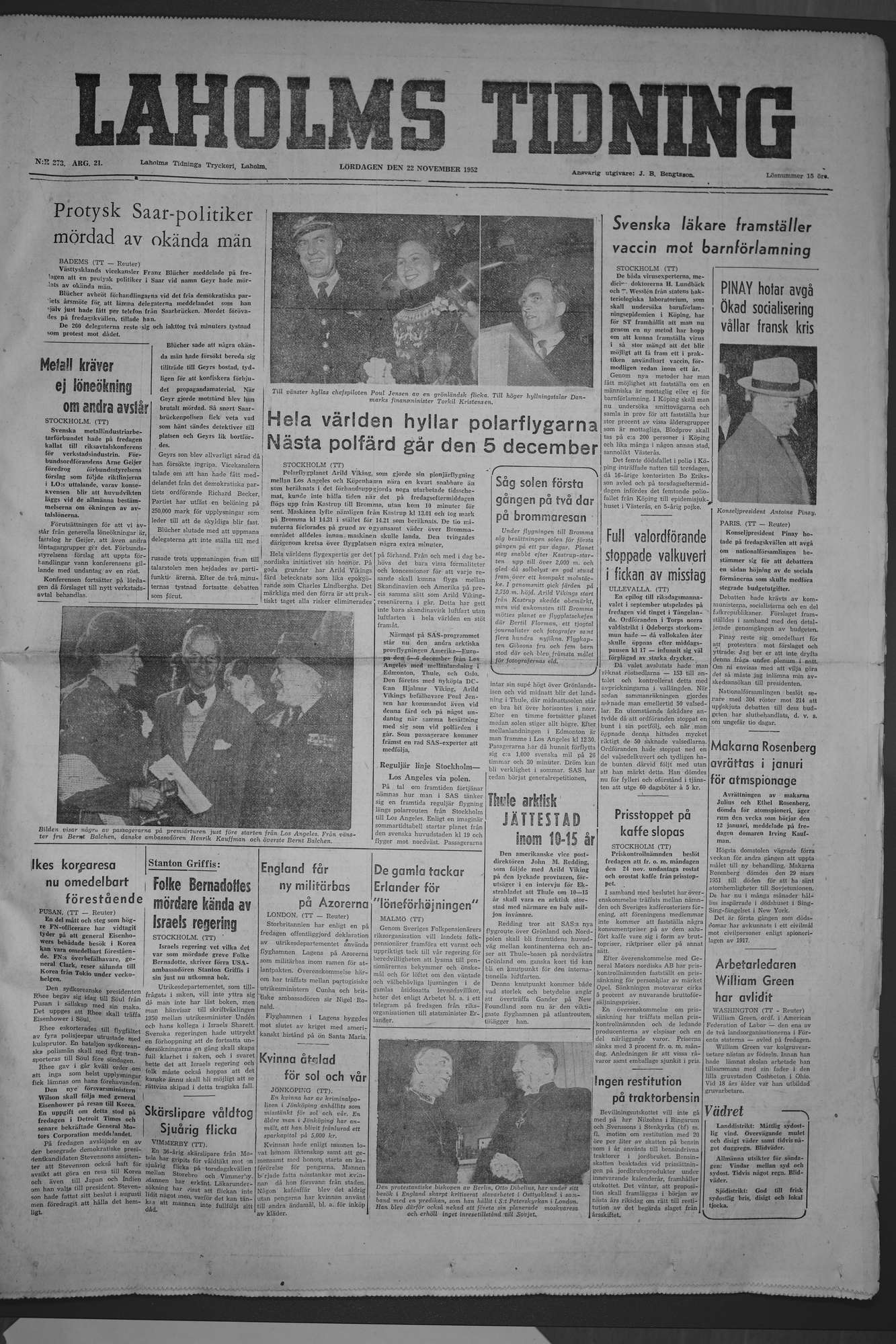 Laholms Tidning Lördag 22 november 1952, sida 1