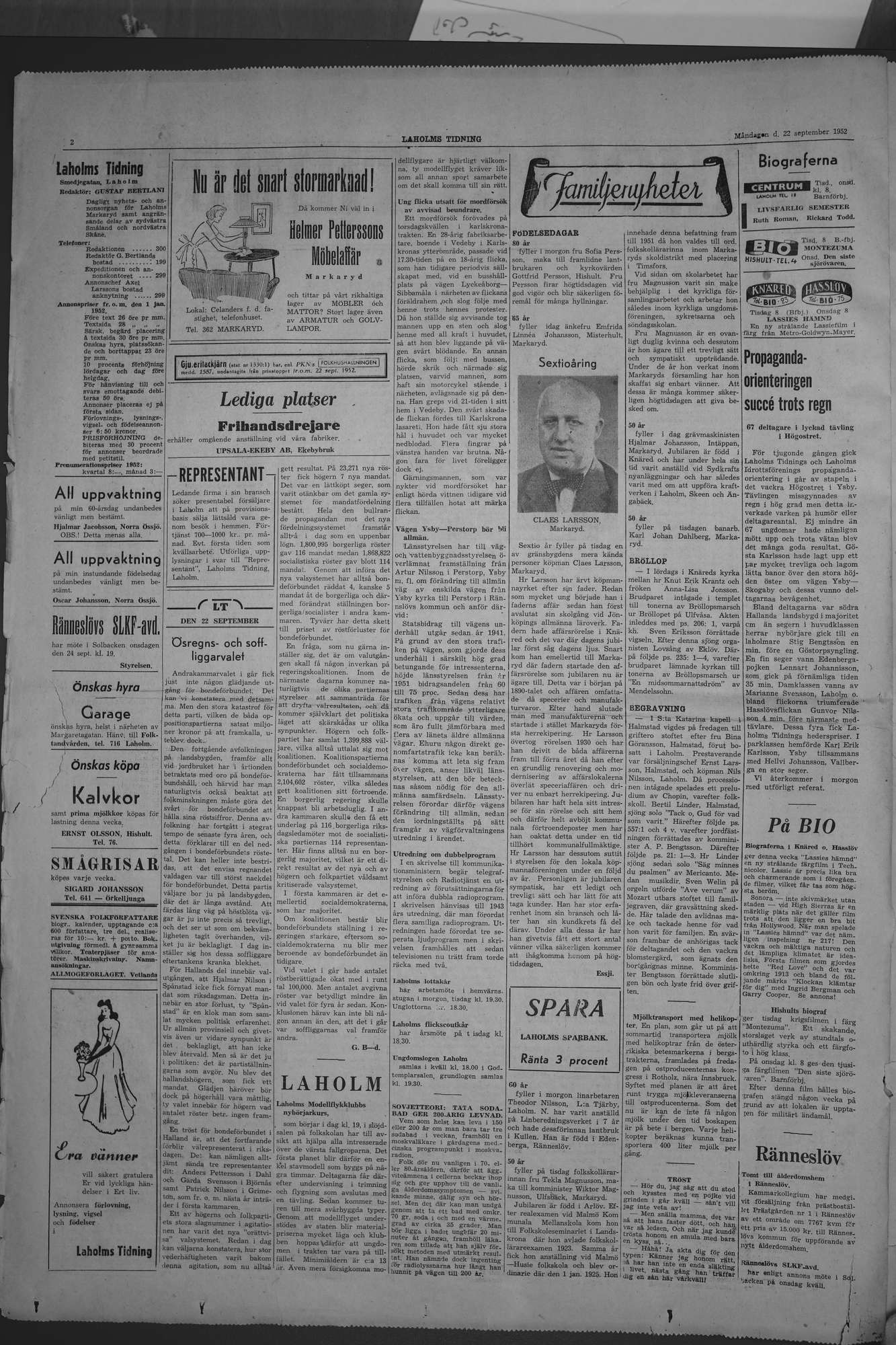 Laholms Tidning Måndag 22 september 1952, sida 2