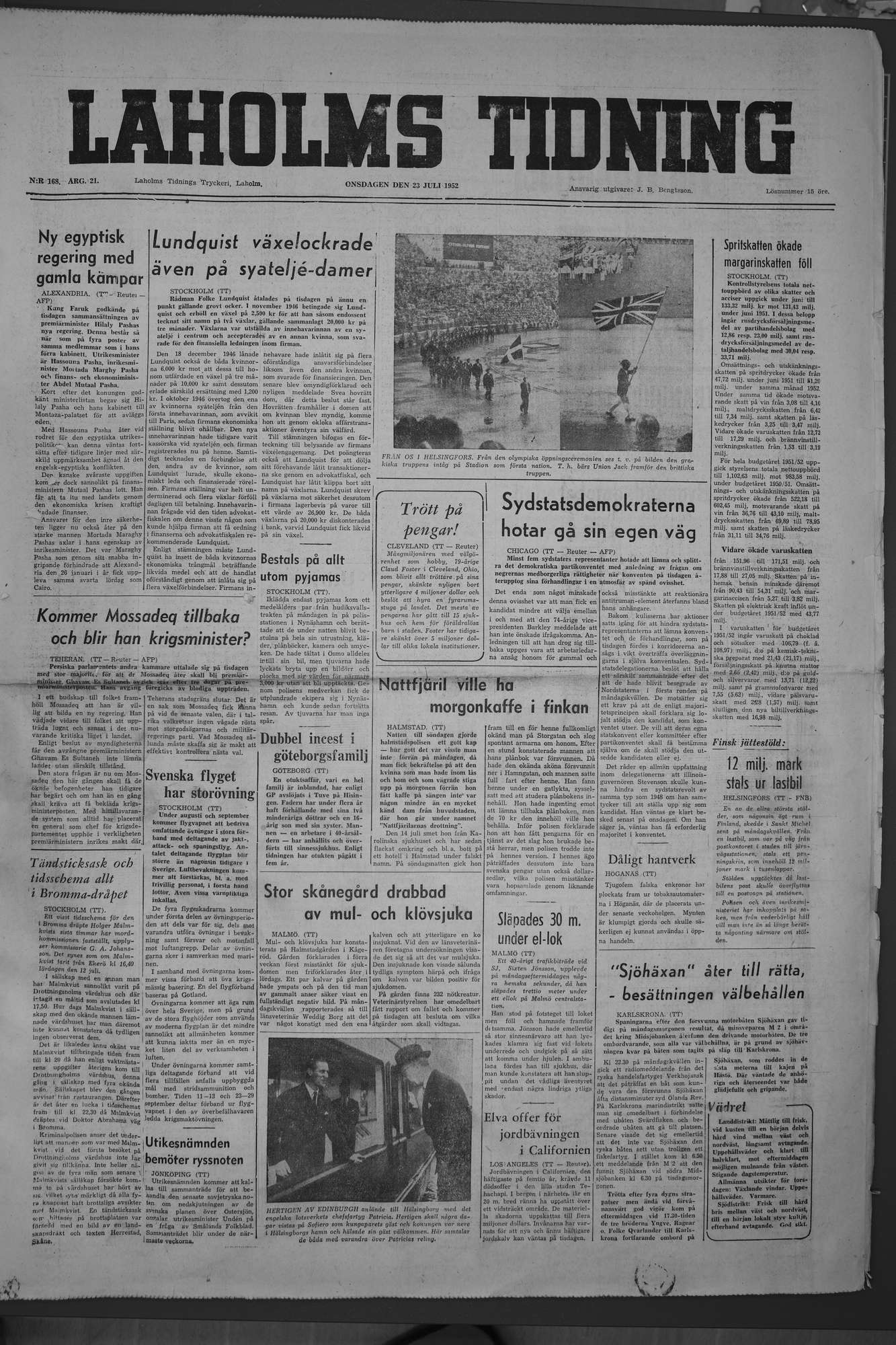 Laholms Tidning Onsdag 23 juli 1952, sida 1