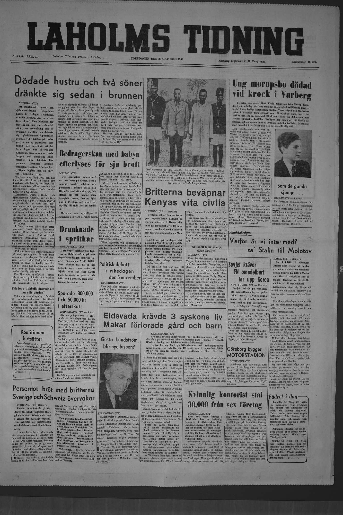 Laholms Tidning Torsdag 23 oktober 1952, sida 1