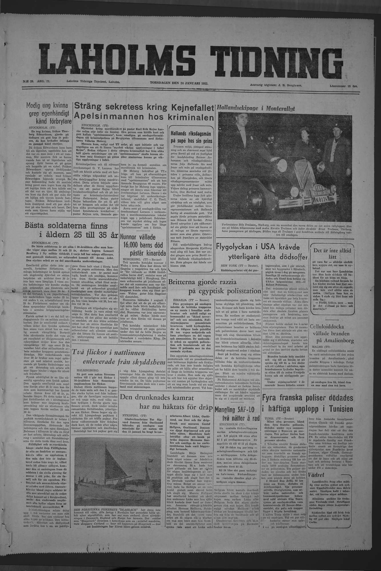 Laholms Tidning Torsdag 24 januari 1952, sida 1
