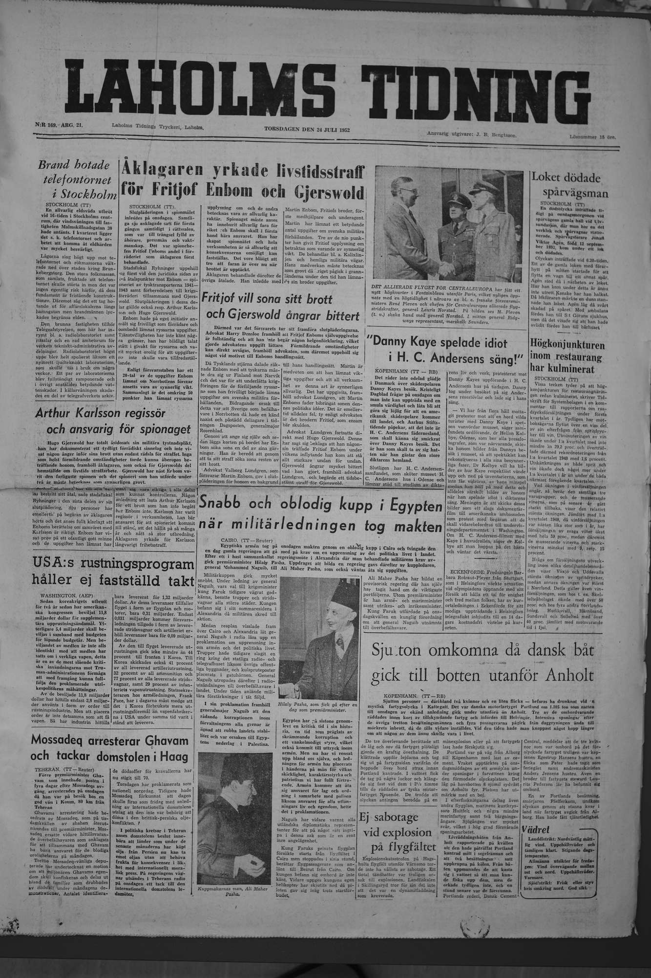 Laholms Tidning Torsdag 24 juli 1952, sida 1