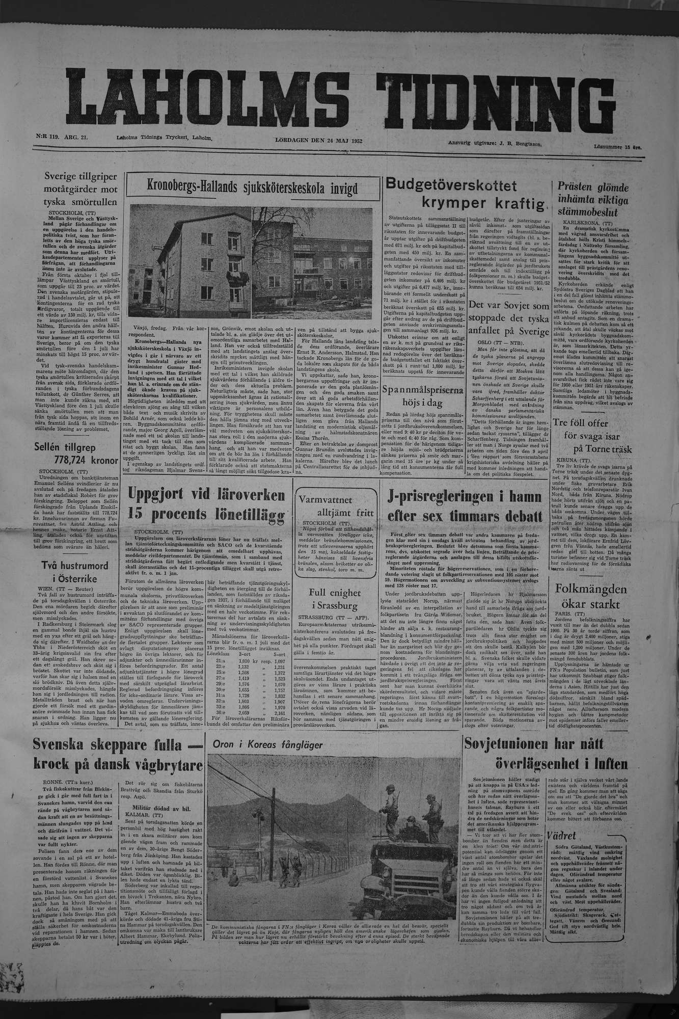 Laholms Tidning Lördag 24 maj 1952, sida 1