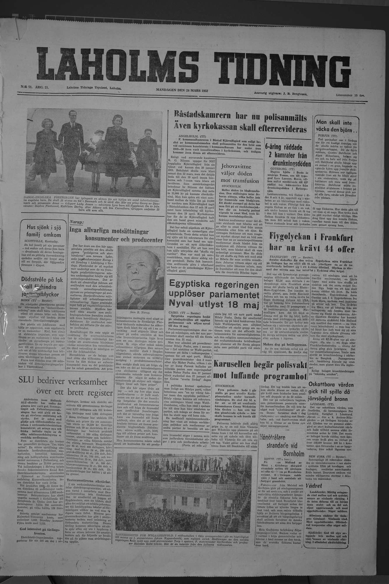 Laholms Tidning Måndag 24 mars 1952, sida 1