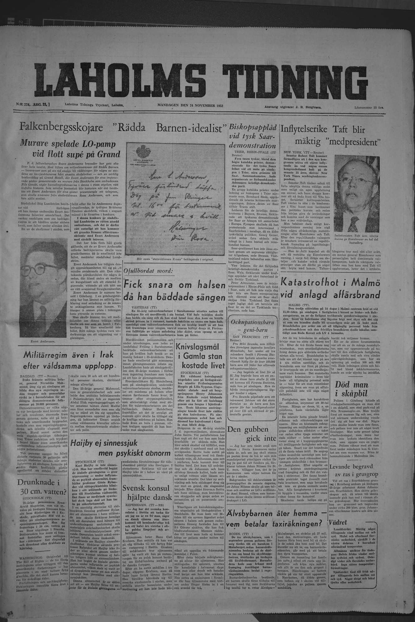 Laholms Tidning Måndag 24 november 1952, sida 1