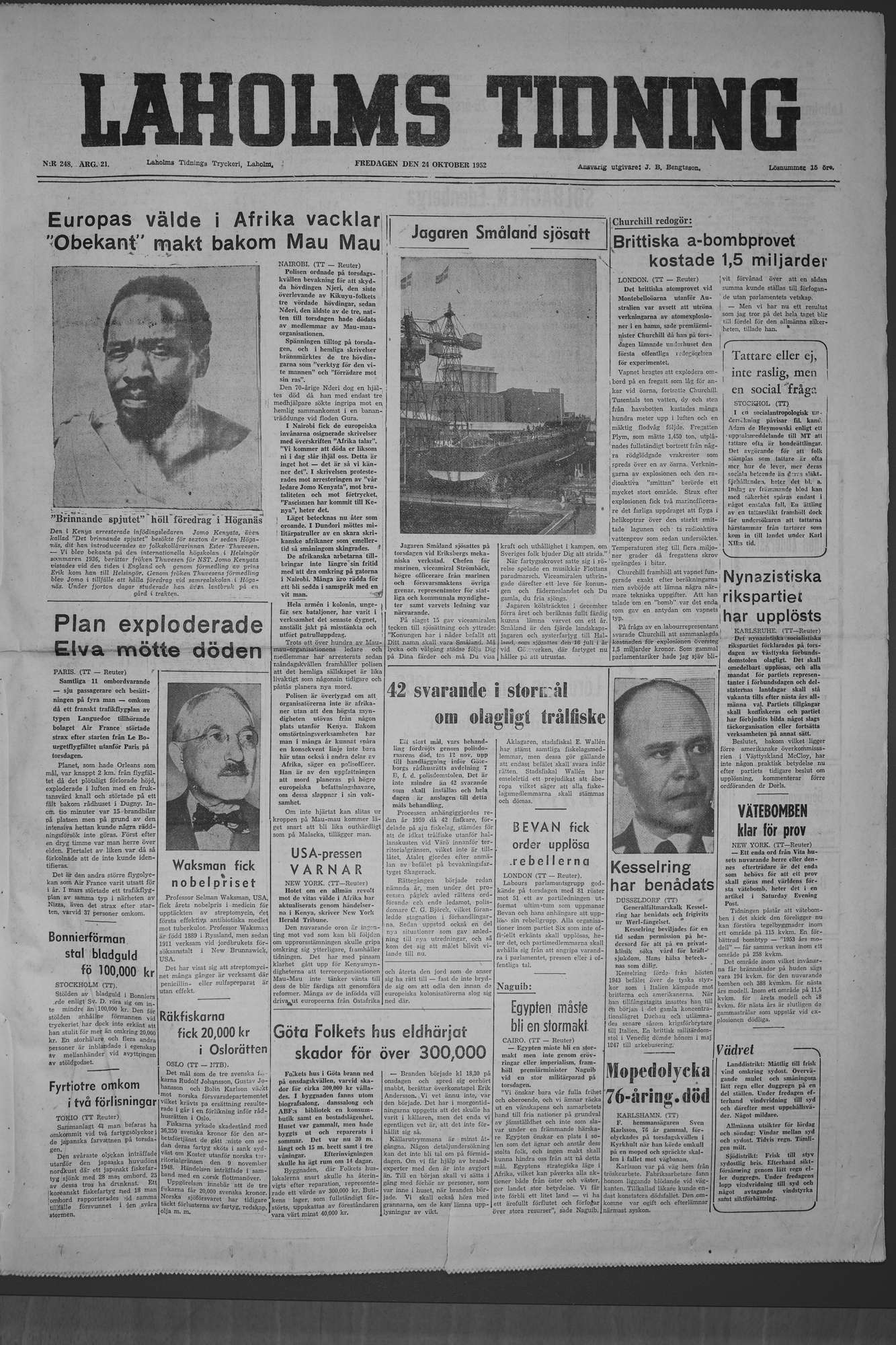 Laholms Tidning Fredag 24 oktober 1952, sida 1
