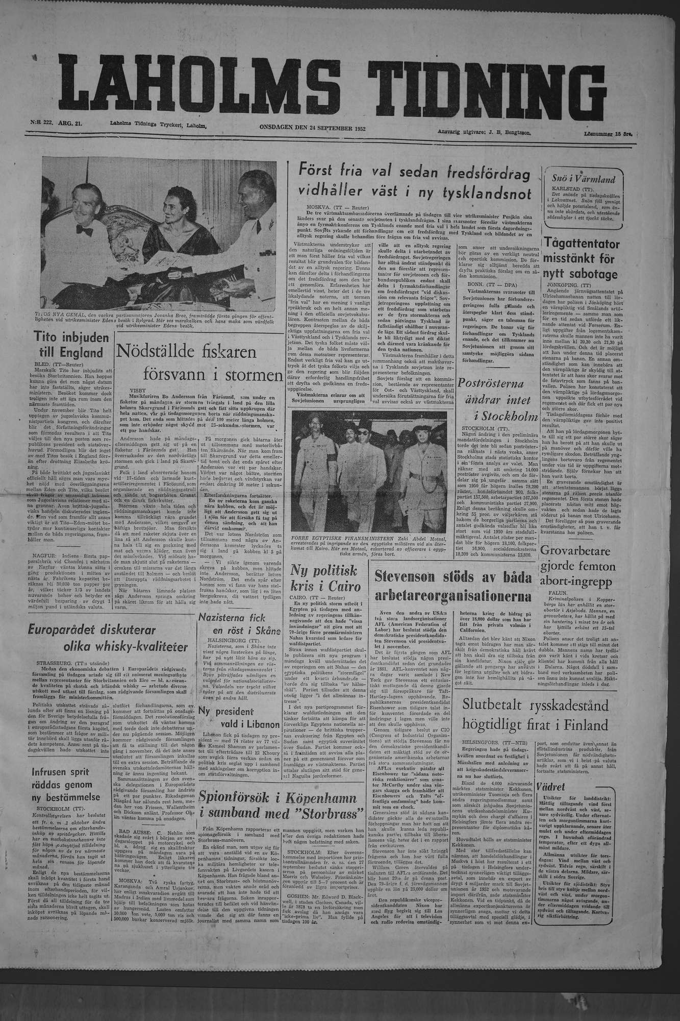 Laholms Tidning Onsdag 24 september 1952, sida 1