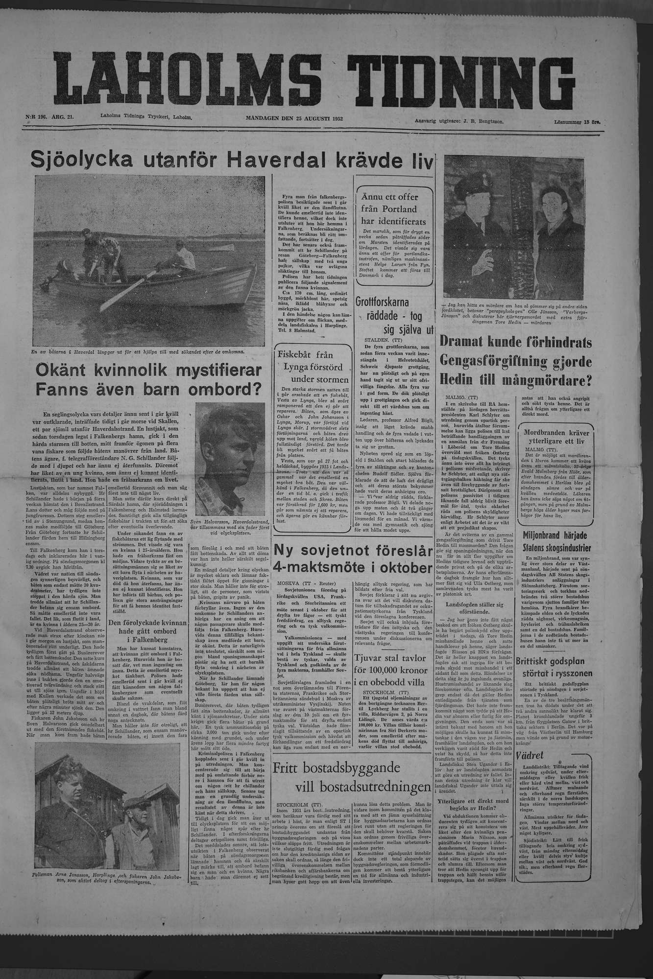 Laholms Tidning Måndag 25 augusti 1952, sida 1
