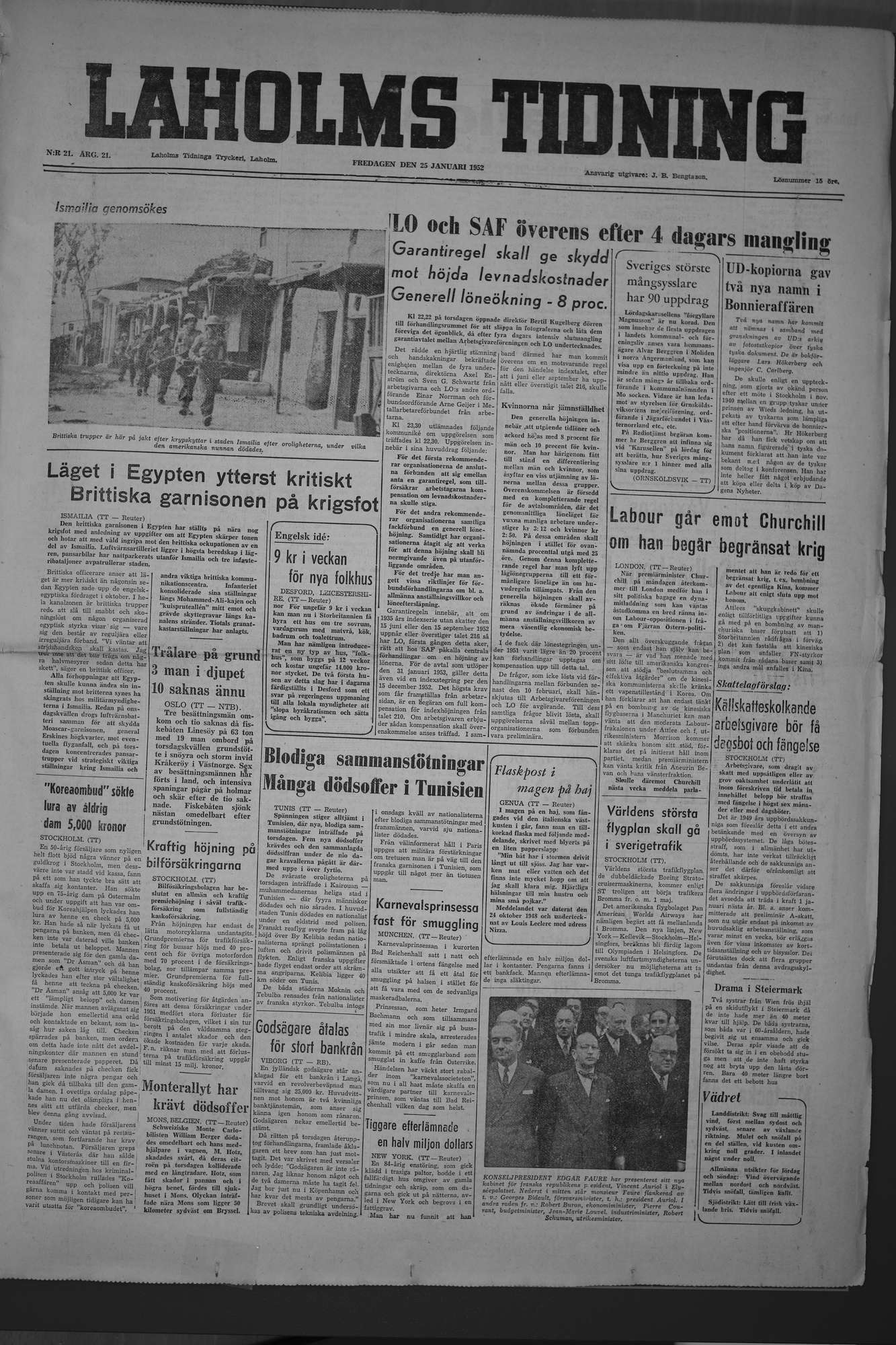 Laholms Tidning Fredag 25 januari 1952, sida 1